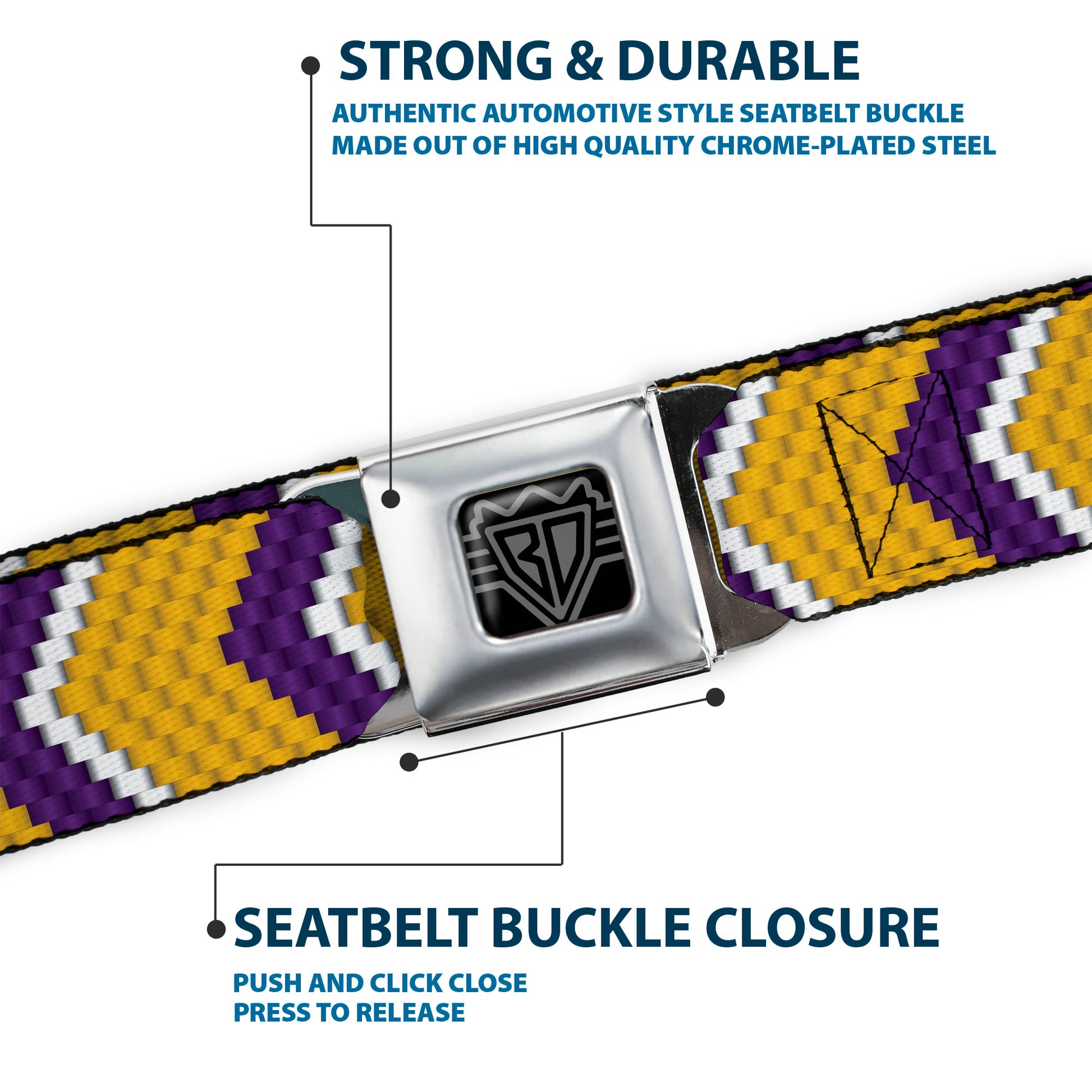 BD Wings Logo CLOSE-UP Full Color Black Silver Seatbelt Belt - Chevron Weave Gold/Purple/White Webbing Seatbelt Belts Buckle-Down