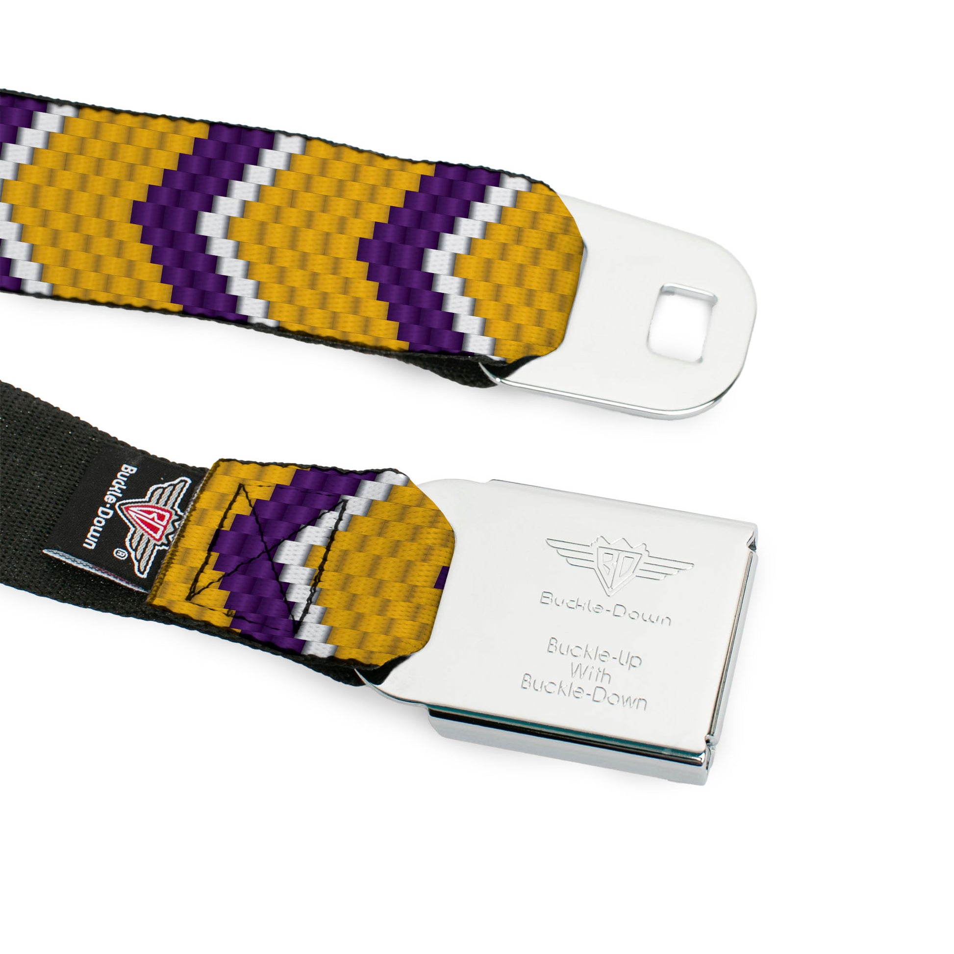 BD Wings Logo CLOSE-UP Full Color Black Silver Seatbelt Belt - Chevron Weave Gold/Purple/White Webbing Seatbelt Belts Buckle-Down