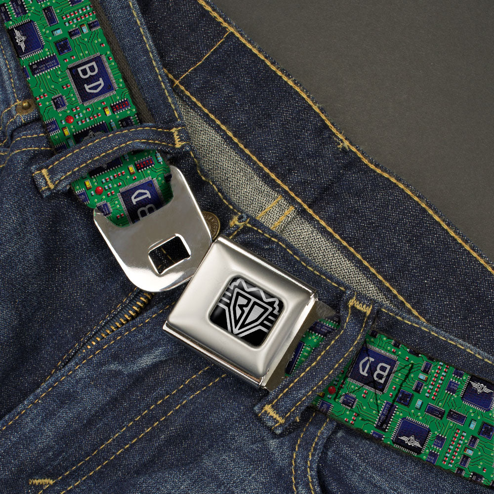 BD Wings Logo CLOSE-UP Full Color Black Silver Seatbelt Belt - Circuit Board Webbing Seatbelt Belts Buckle-Down