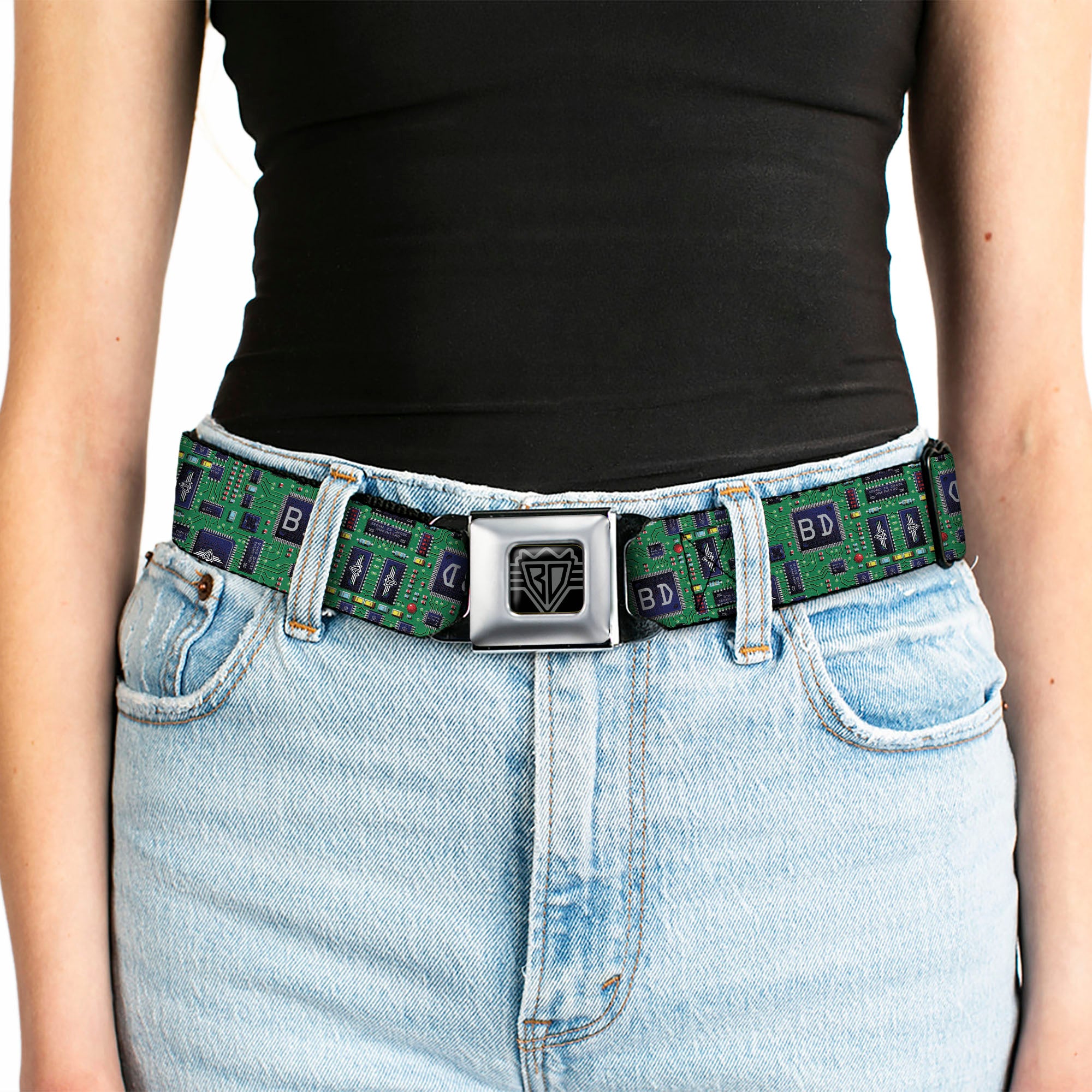 BD Wings Logo CLOSE-UP Full Color Black Silver Seatbelt Belt - Circuit Board Webbing Seatbelt Belts Buckle-Down