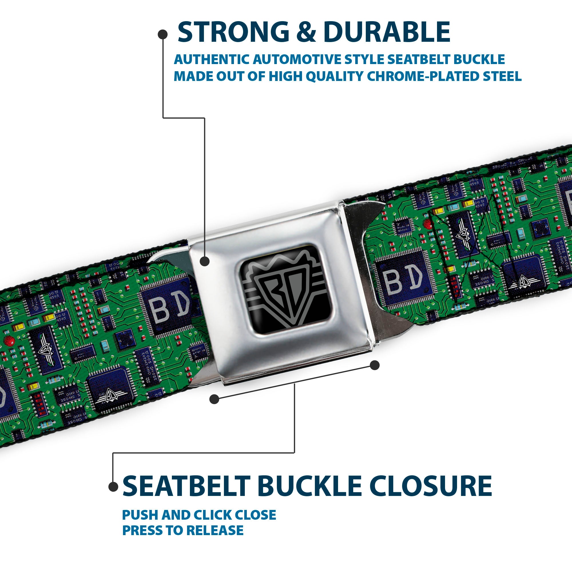 BD Wings Logo CLOSE-UP Full Color Black Silver Seatbelt Belt - Circuit Board Webbing Seatbelt Belts Buckle-Down