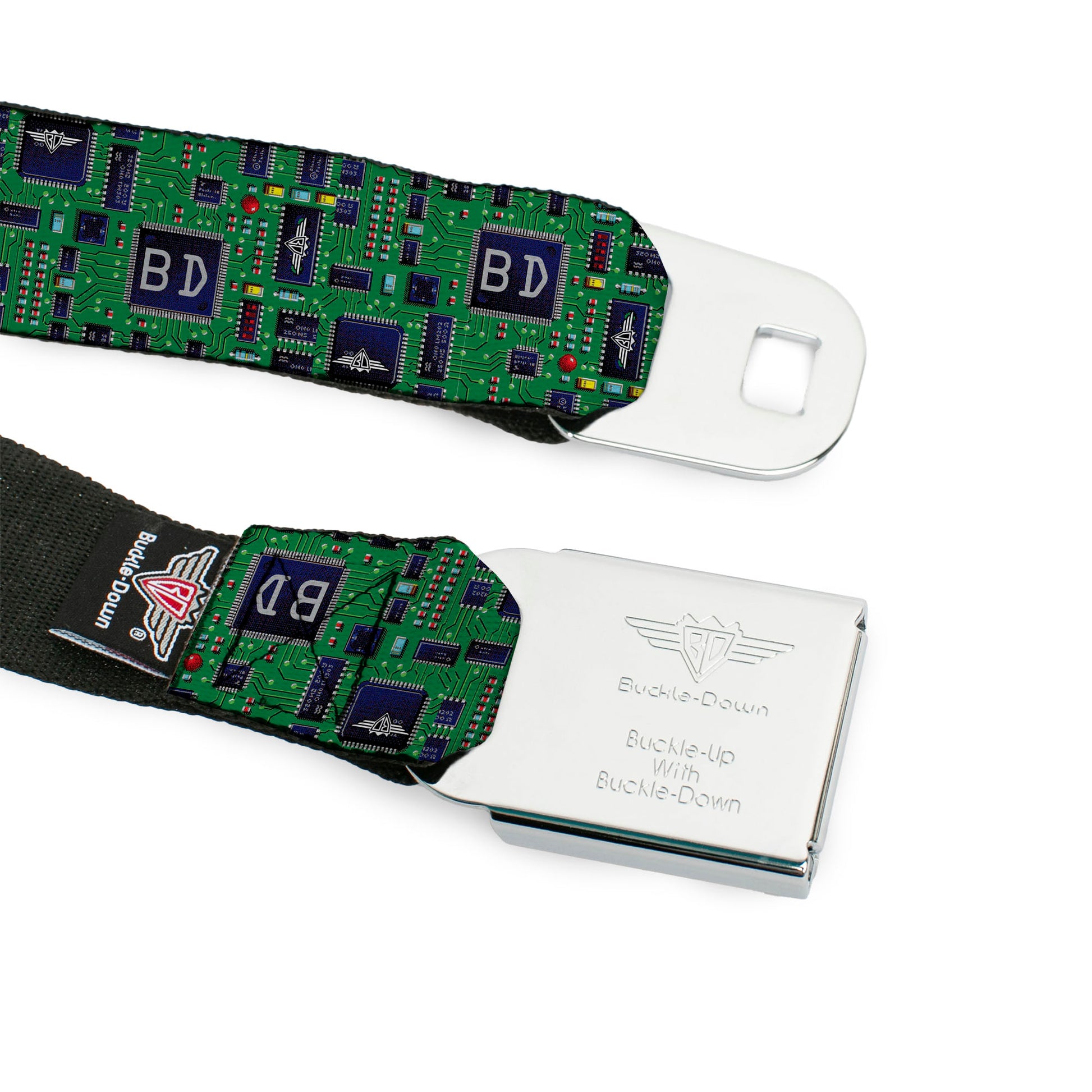 BD Wings Logo CLOSE-UP Full Color Black Silver Seatbelt Belt - Circuit Board Webbing Seatbelt Belts Buckle-Down