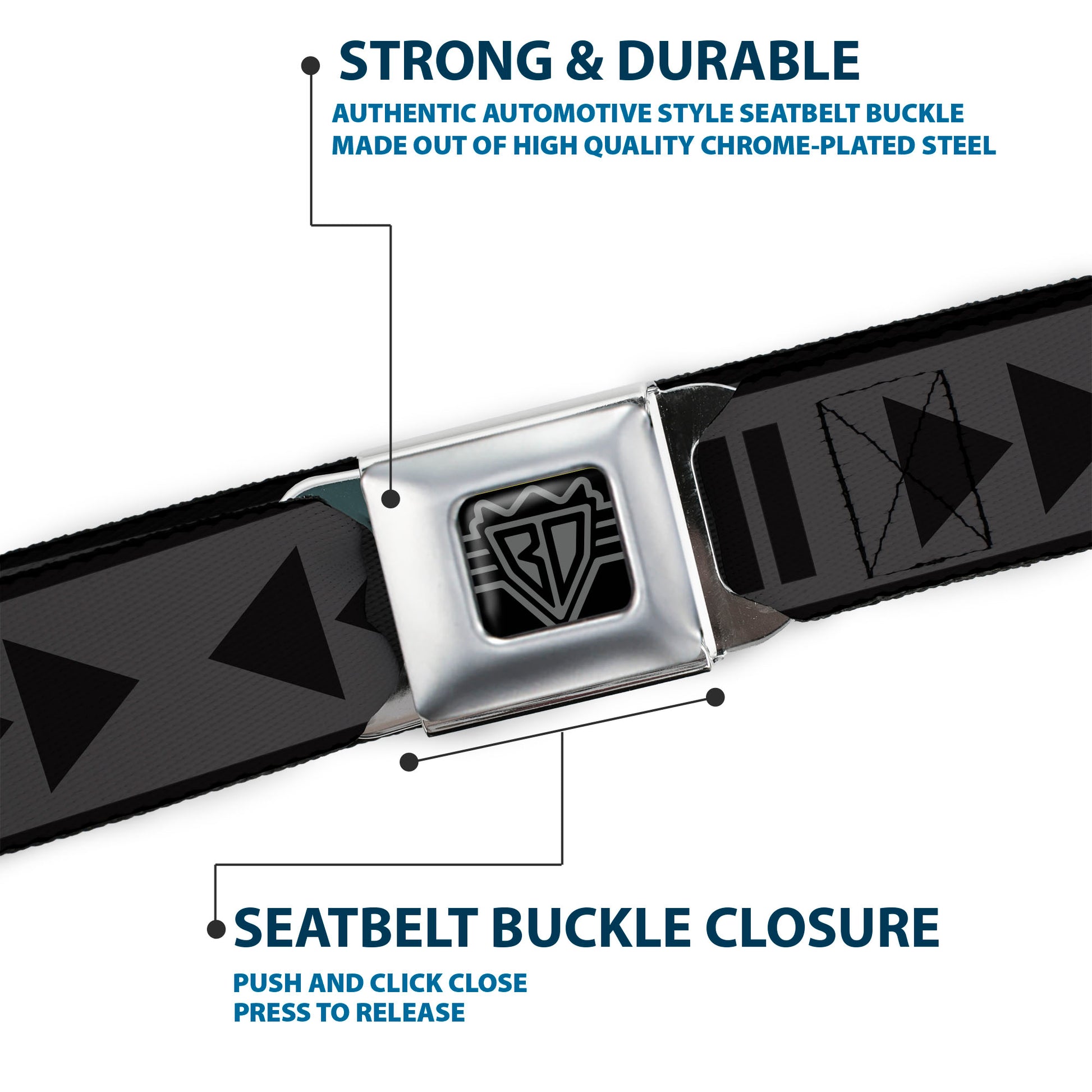 BD Wings Logo CLOSE-UP Full Color Black Silver Seatbelt Belt - Control Buttons Black/Gray Webbing Seatbelt Belts Buckle-Down