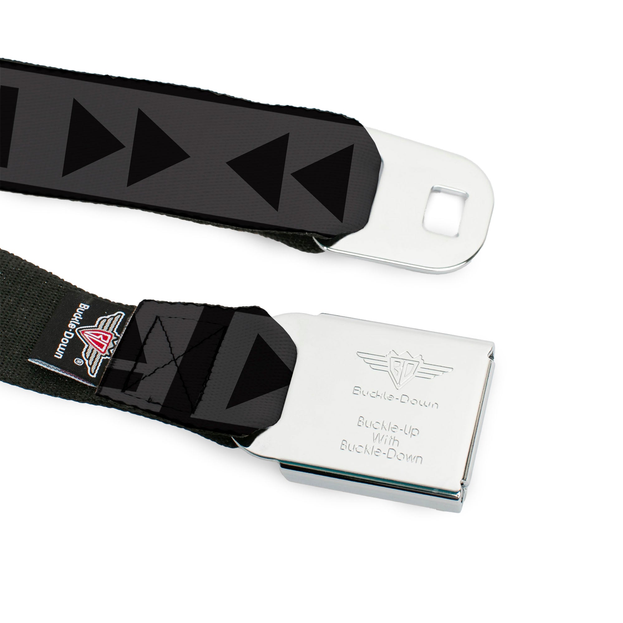 BD Wings Logo CLOSE-UP Full Color Black Silver Seatbelt Belt - Control Buttons Black/Gray Webbing Seatbelt Belts Buckle-Down
