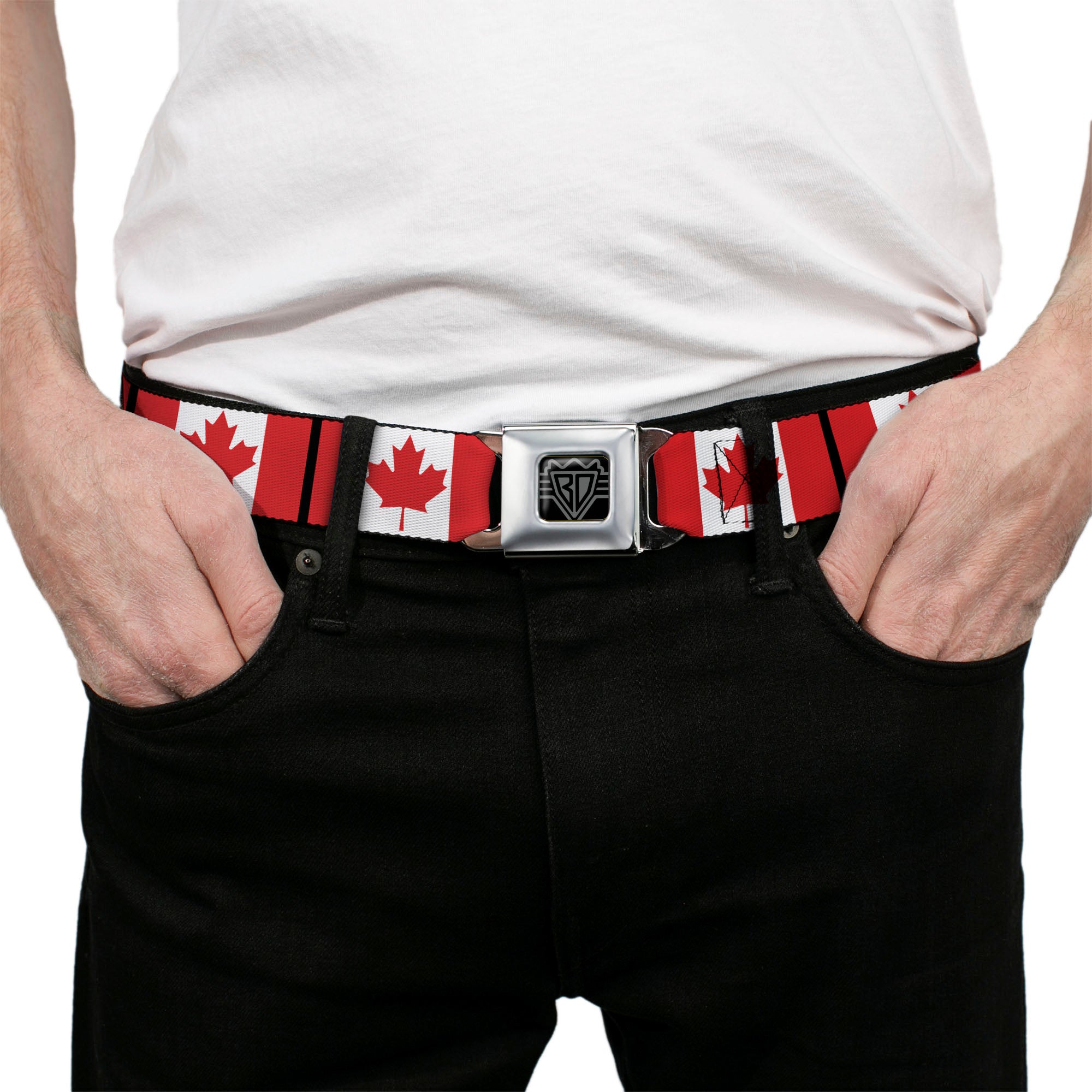 BD Wings Logo CLOSE-UP Full Color Black Silver Seatbelt Belt - Canada Flags Webbing Seatbelt Belts Buckle-Down