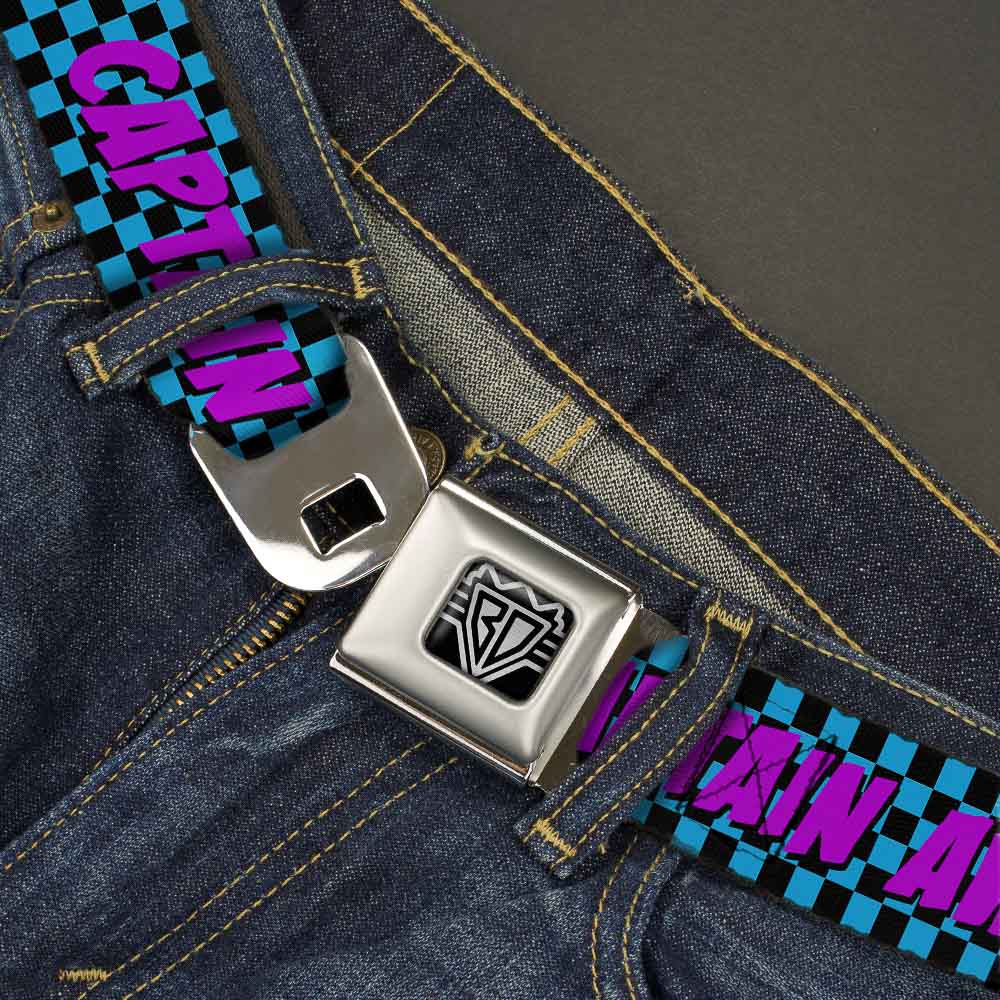 BD Wings Logo CLOSE-UP Full Color Black Silver Seatbelt Belt - CAPTAIN AWESOME Turquoise Checker/Fuchsia Webbing Seatbelt Belts Buckle-Down