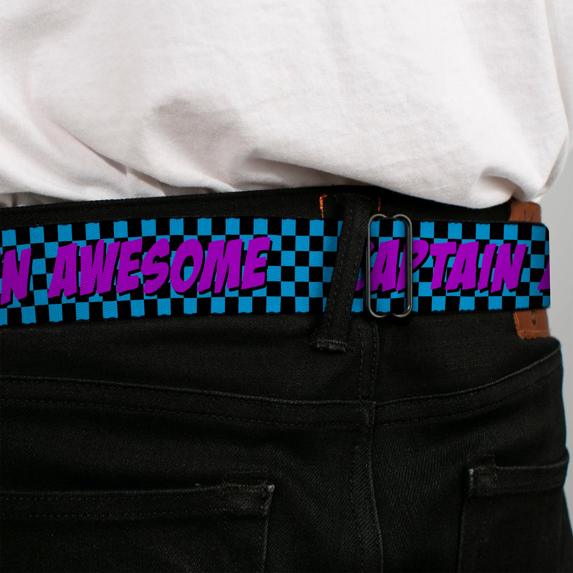 BD Wings Logo CLOSE-UP Full Color Black Silver Seatbelt Belt - CAPTAIN AWESOME Turquoise Checker/Fuchsia Webbing Seatbelt Belts Buckle-Down