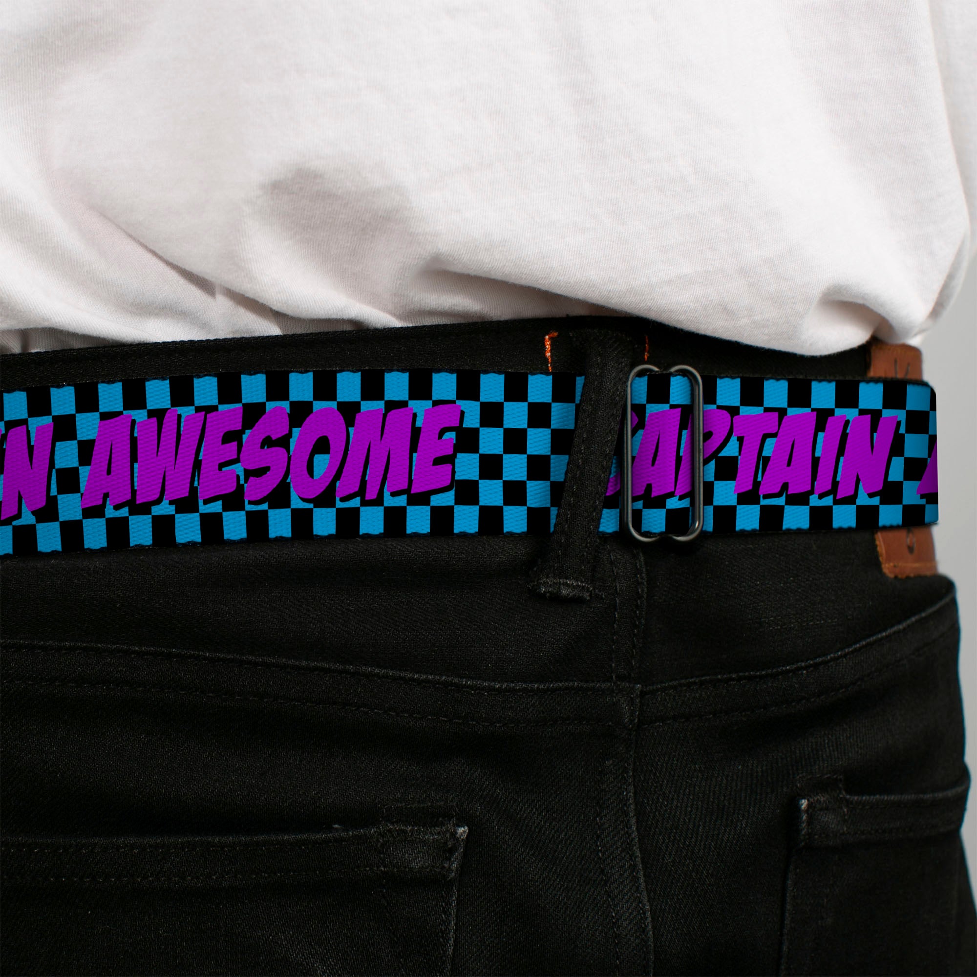 BD Wings Logo CLOSE-UP Full Color Black Silver Seatbelt Belt - CAPTAIN AWESOME Turquoise Checker/Fuchsia Webbing Seatbelt Belts Buckle-Down