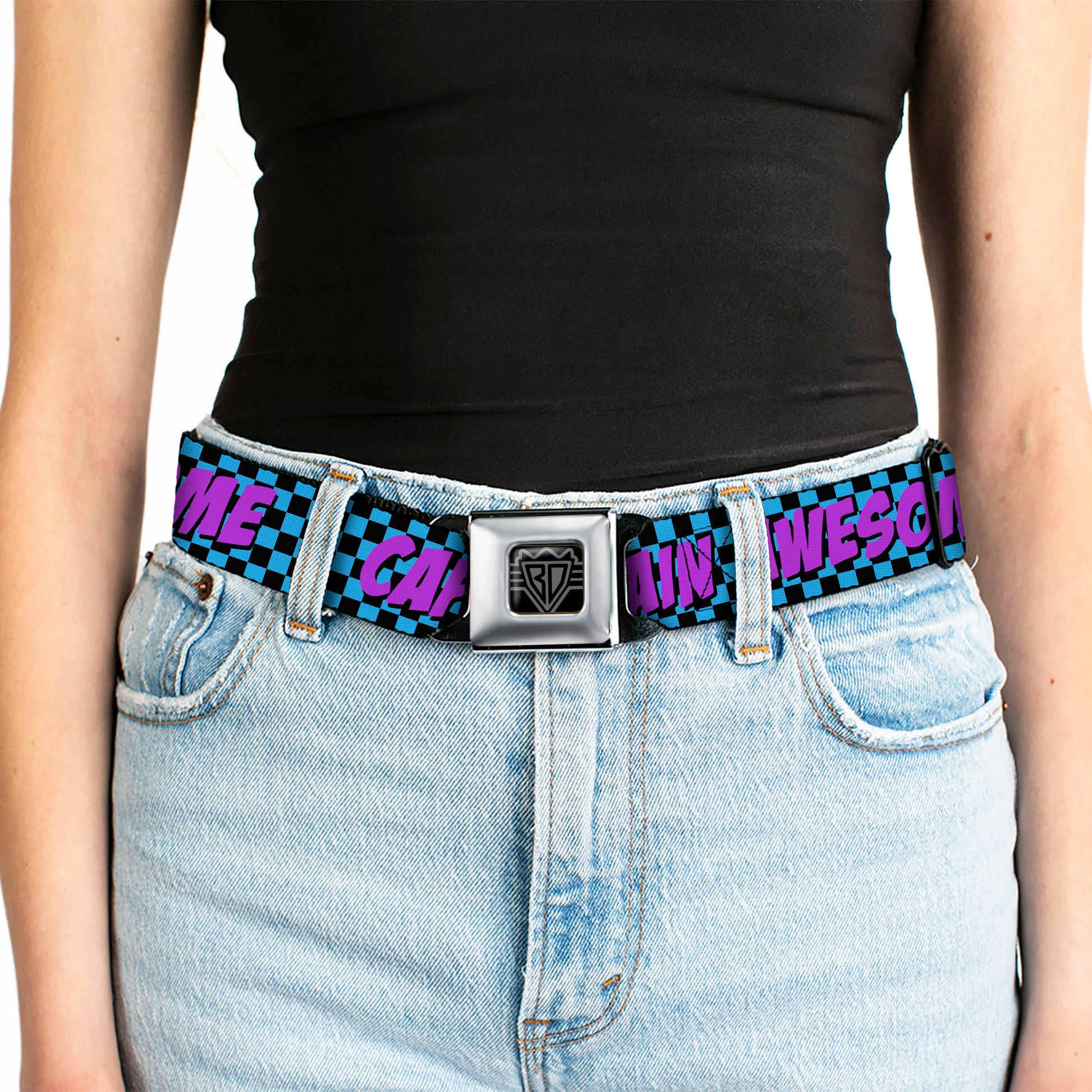 BD Wings Logo CLOSE-UP Full Color Black Silver Seatbelt Belt - CAPTAIN AWESOME Turquoise Checker/Fuchsia Webbing Seatbelt Belts Buckle-Down