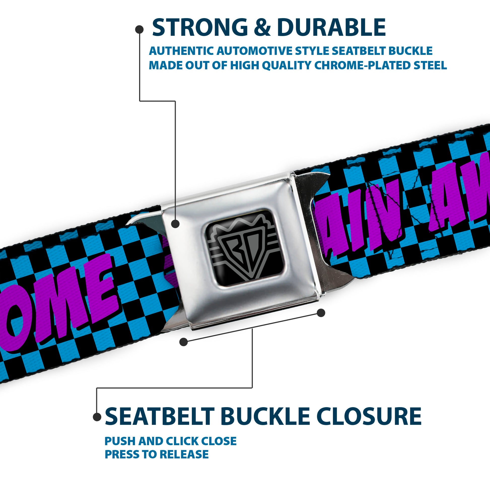 BD Wings Logo CLOSE-UP Full Color Black Silver Seatbelt Belt - CAPTAIN AWESOME Turquoise Checker/Fuchsia Webbing Seatbelt Belts Buckle-Down