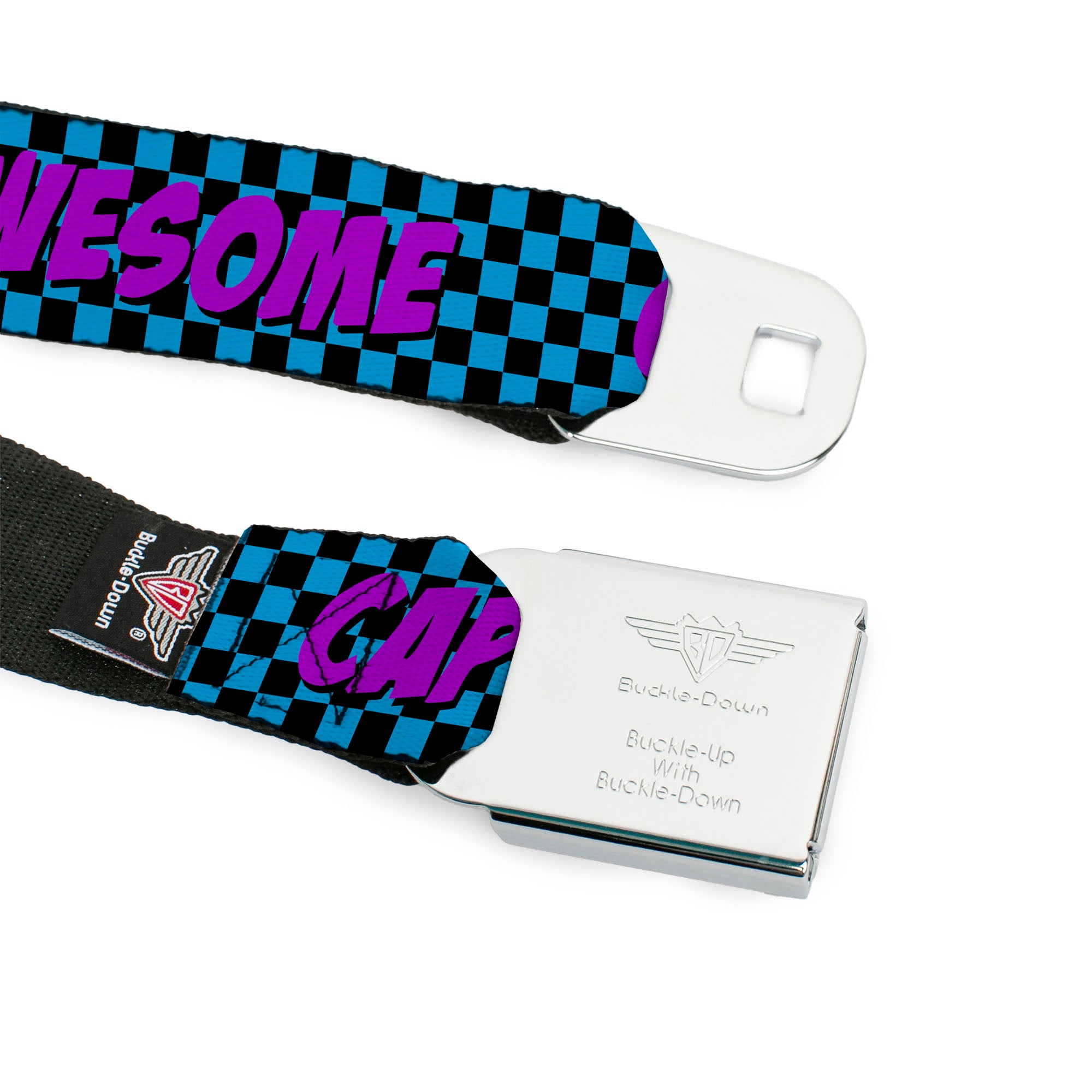 BD Wings Logo CLOSE-UP Full Color Black Silver Seatbelt Belt - CAPTAIN AWESOME Turquoise Checker/Fuchsia Webbing Seatbelt Belts Buckle-Down