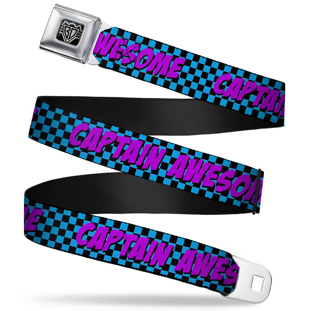 BD Wings Logo CLOSE-UP Full Color Black Silver Seatbelt Belt - CAPTAIN AWESOME Turquoise Checker/Fuchsia Webbing Seatbelt Belts Buckle-Down