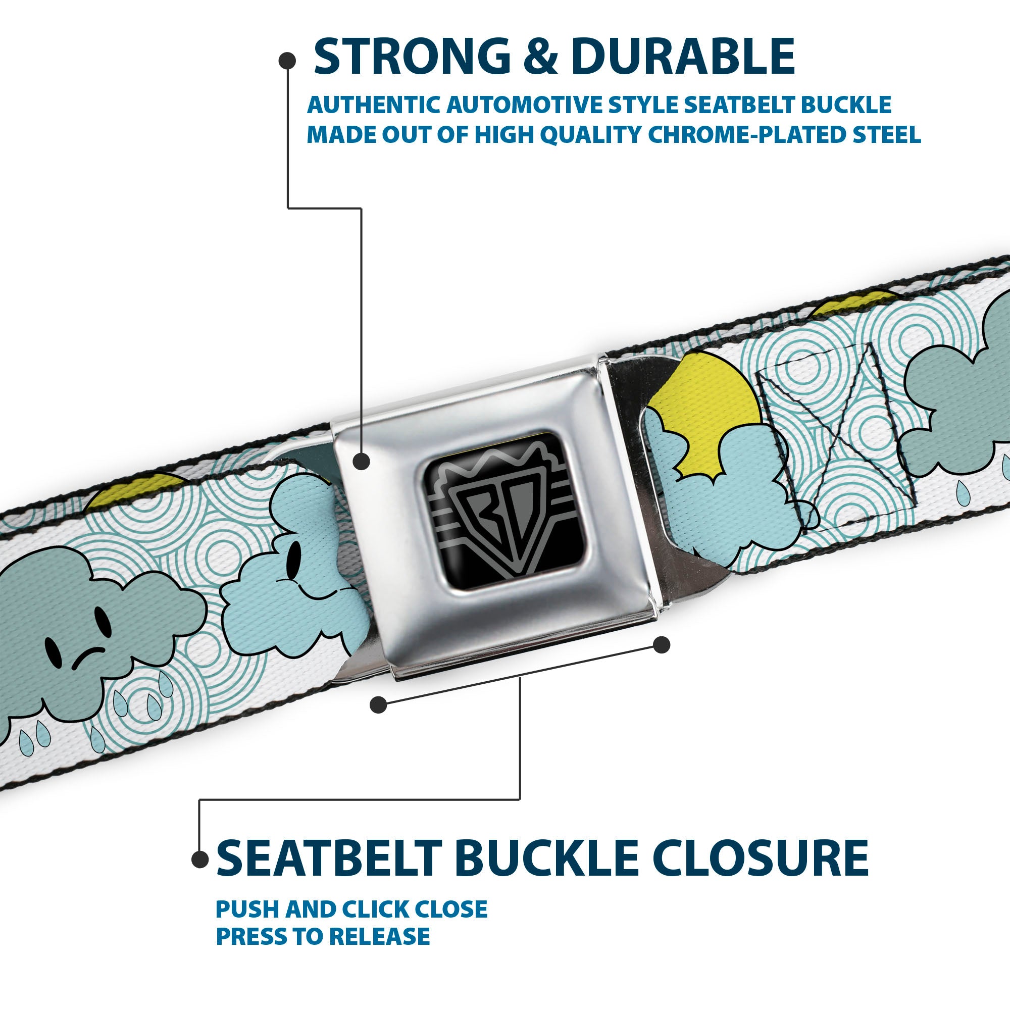 BD Wings Logo CLOSE-UP Full Color Black Silver Seatbelt Belt - Cloudy Skies Rain Clouds White/Blues Webbing Seatbelt Belts Buckle-Down