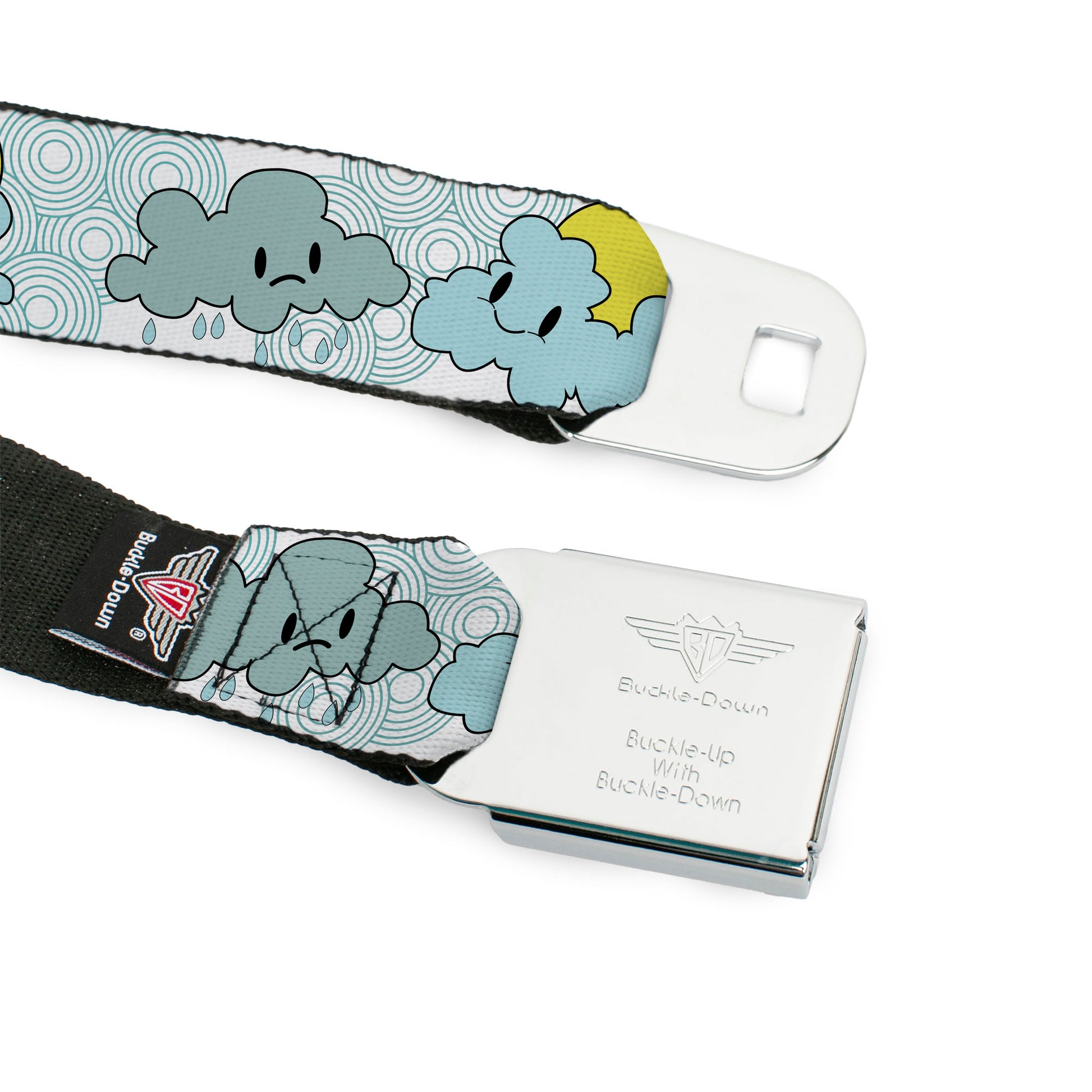 BD Wings Logo CLOSE-UP Full Color Black Silver Seatbelt Belt - Cloudy Skies Rain Clouds White/Blues Webbing Seatbelt Belts Buckle-Down