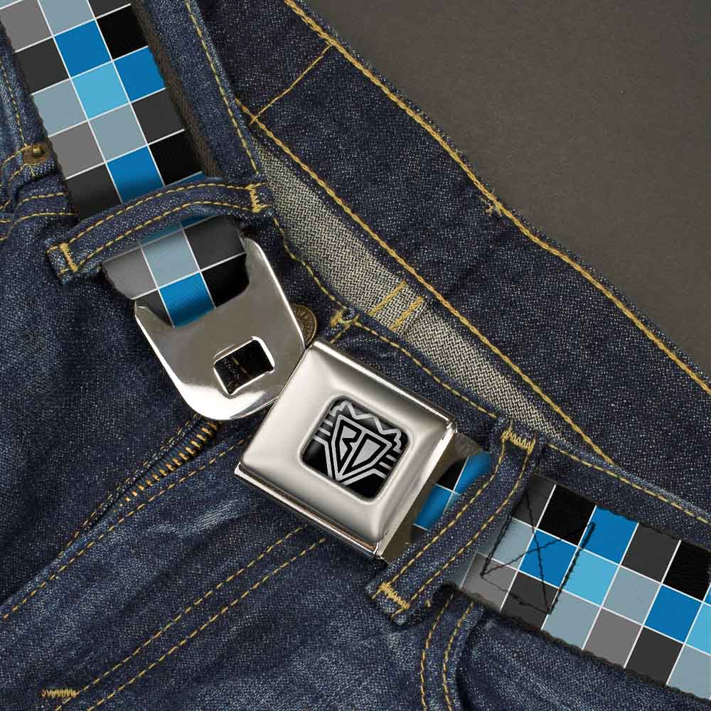 BD Wings Logo CLOSE-UP Full Color Black Silver Seatbelt Belt - Checker Mosaic Blue Webbing Seatbelt Belts Buckle-Down