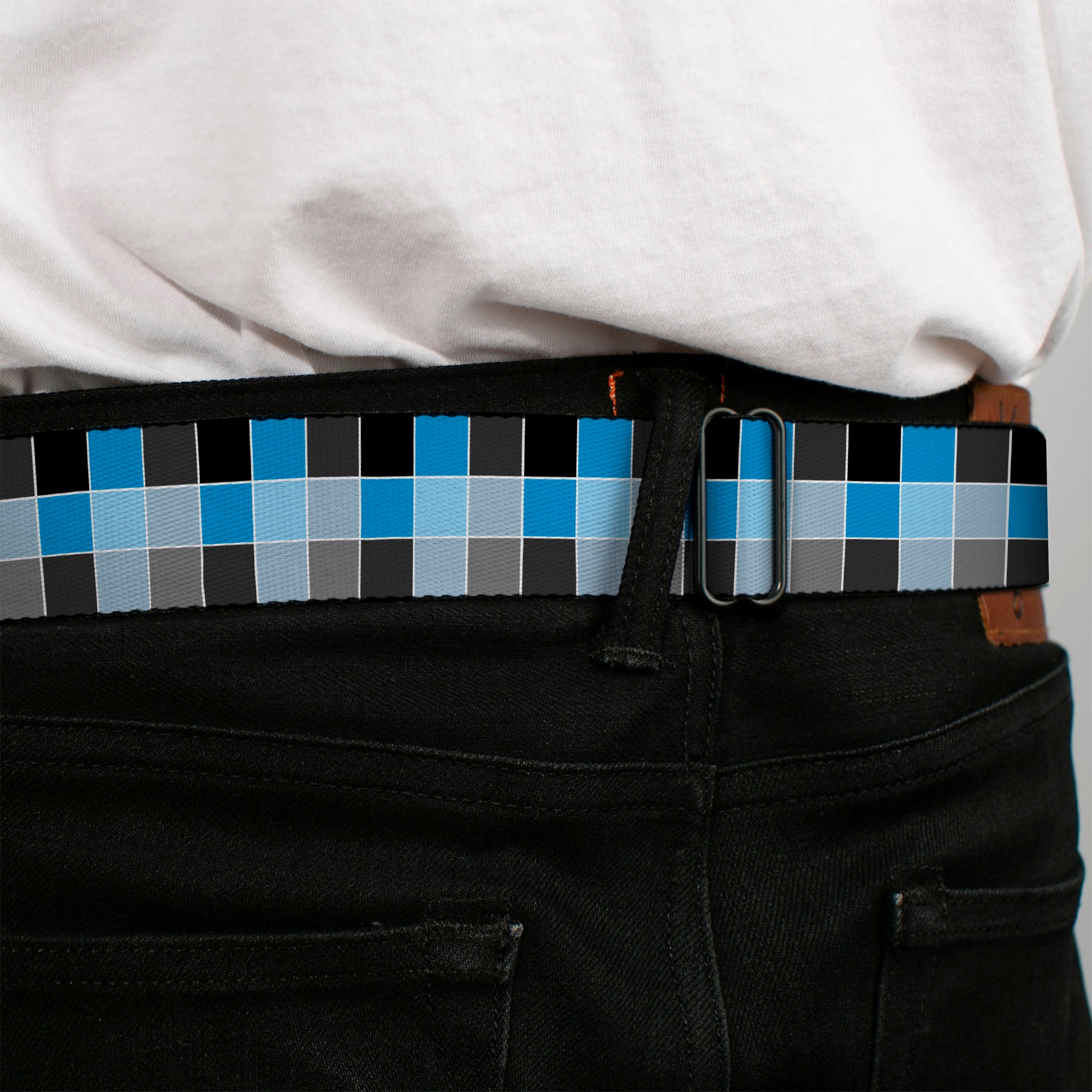 BD Wings Logo CLOSE-UP Full Color Black Silver Seatbelt Belt - Checker Mosaic Blue Webbing Seatbelt Belts Buckle-Down