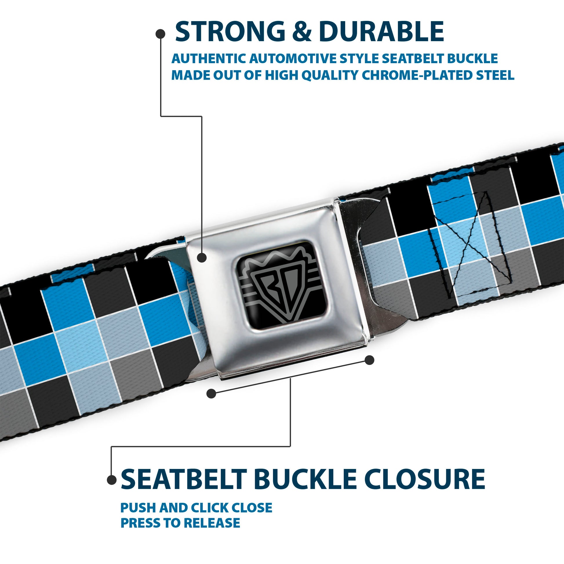 BD Wings Logo CLOSE-UP Full Color Black Silver Seatbelt Belt - Checker Mosaic Blue Webbing Seatbelt Belts Buckle-Down