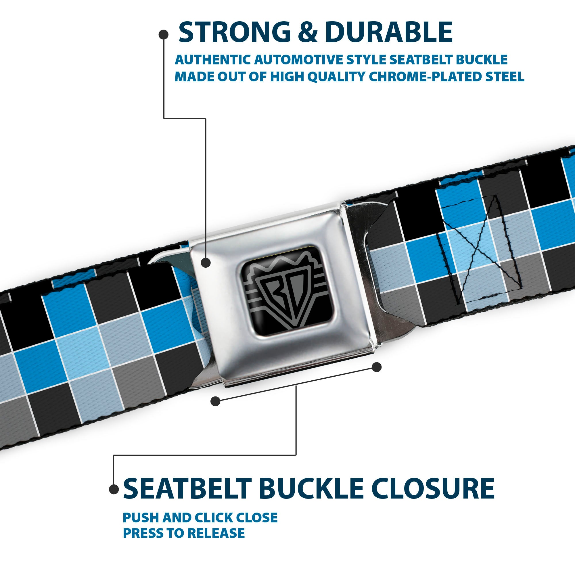 BD Wings Logo CLOSE-UP Full Color Black Silver Seatbelt Belt - Checker Mosaic Blue Webbing Seatbelt Belts Buckle-Down
