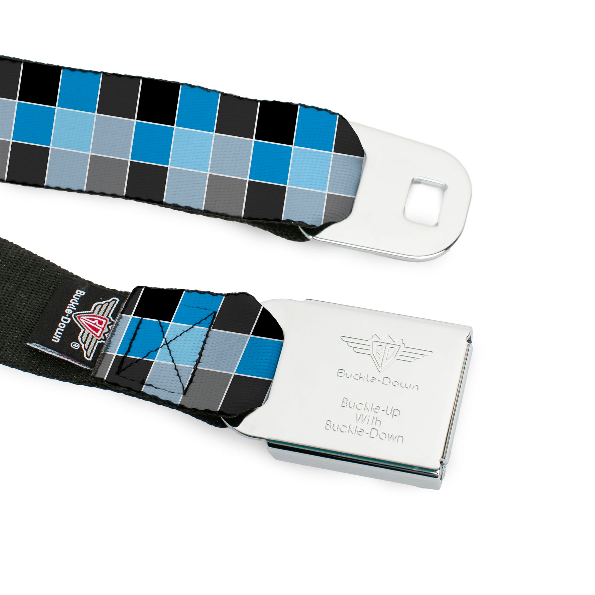 BD Wings Logo CLOSE-UP Full Color Black Silver Seatbelt Belt - Checker Mosaic Blue Webbing Seatbelt Belts Buckle-Down