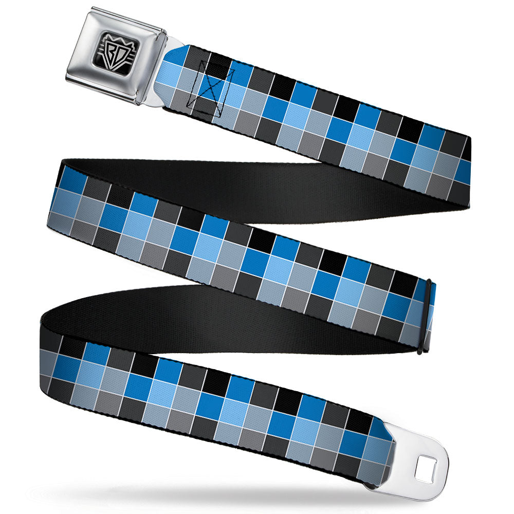 BD Wings Logo CLOSE-UP Full Color Black Silver Seatbelt Belt - Checker Mosaic Blue Webbing Seatbelt Belts Buckle-Down