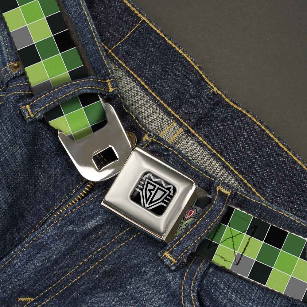 BD Wings Logo CLOSE-UP Full Color Black Silver Seatbelt Belt - Checker Mosaic Green Webbing Seatbelt Belts Buckle-Down