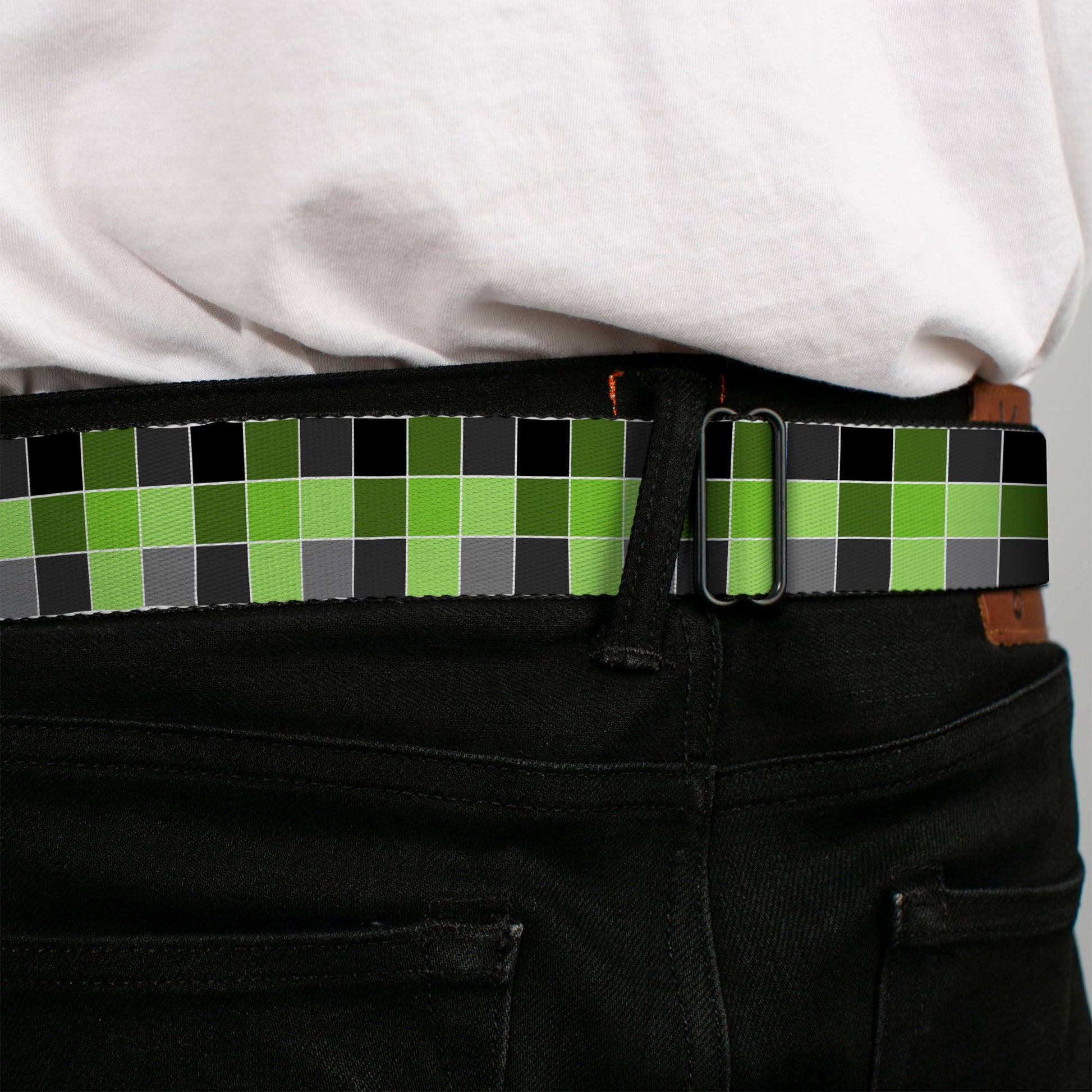 BD Wings Logo CLOSE-UP Full Color Black Silver Seatbelt Belt - Checker Mosaic Green Webbing Seatbelt Belts Buckle-Down