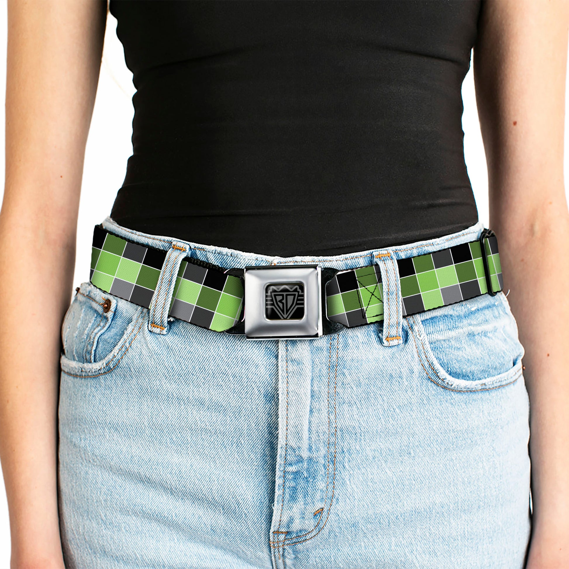 BD Wings Logo CLOSE-UP Full Color Black Silver Seatbelt Belt - Checker Mosaic Green Webbing Seatbelt Belts Buckle-Down