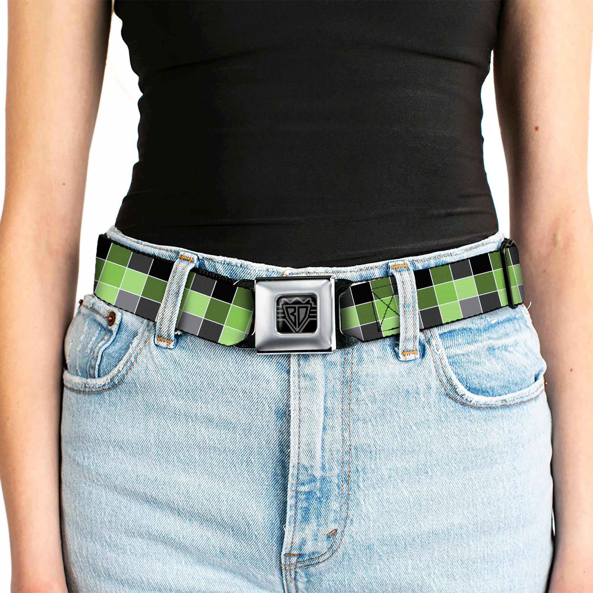 BD Wings Logo CLOSE-UP Full Color Black Silver Seatbelt Belt - Checker Mosaic Green Webbing Seatbelt Belts Buckle-Down