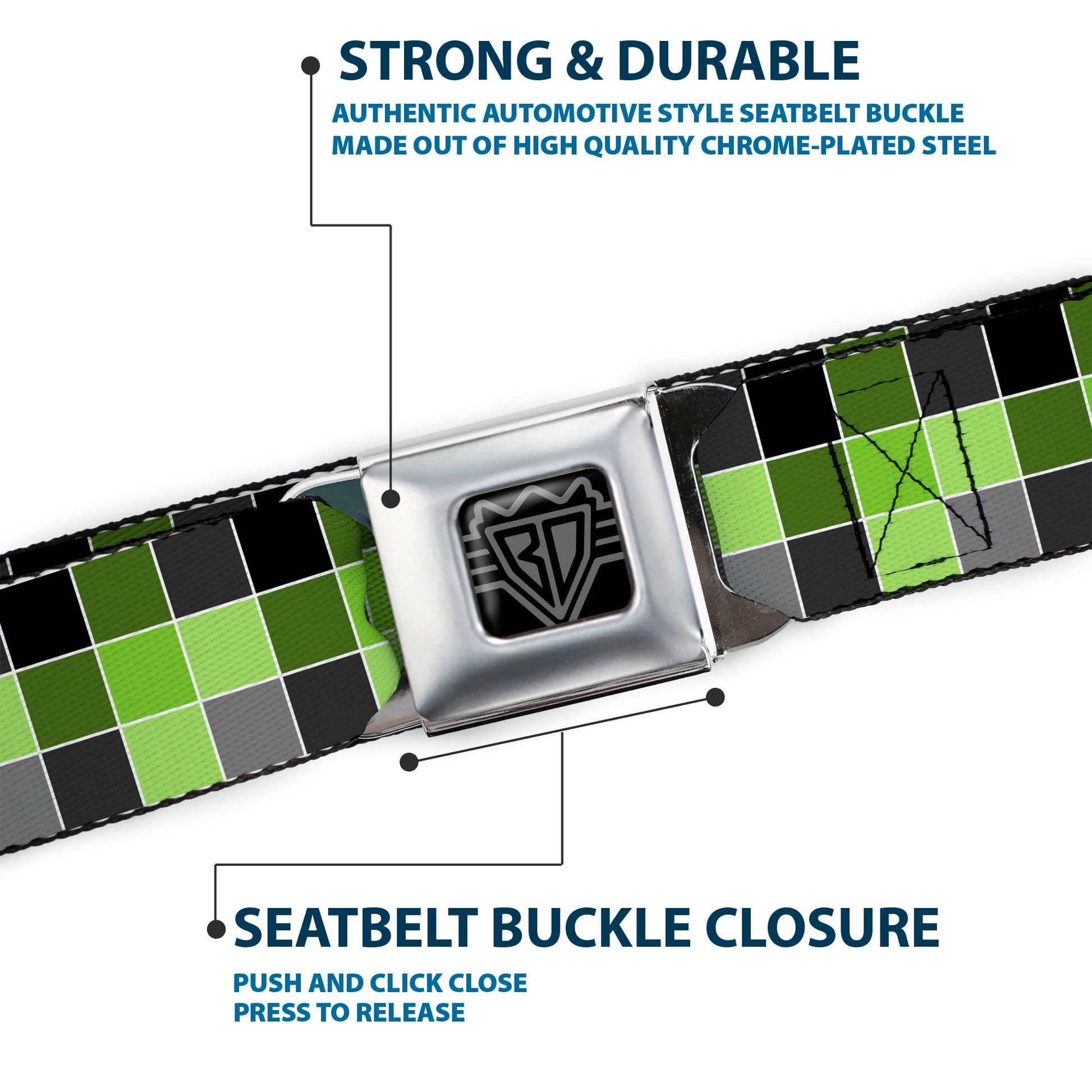 BD Wings Logo CLOSE-UP Full Color Black Silver Seatbelt Belt - Checker Mosaic Green Webbing Seatbelt Belts Buckle-Down