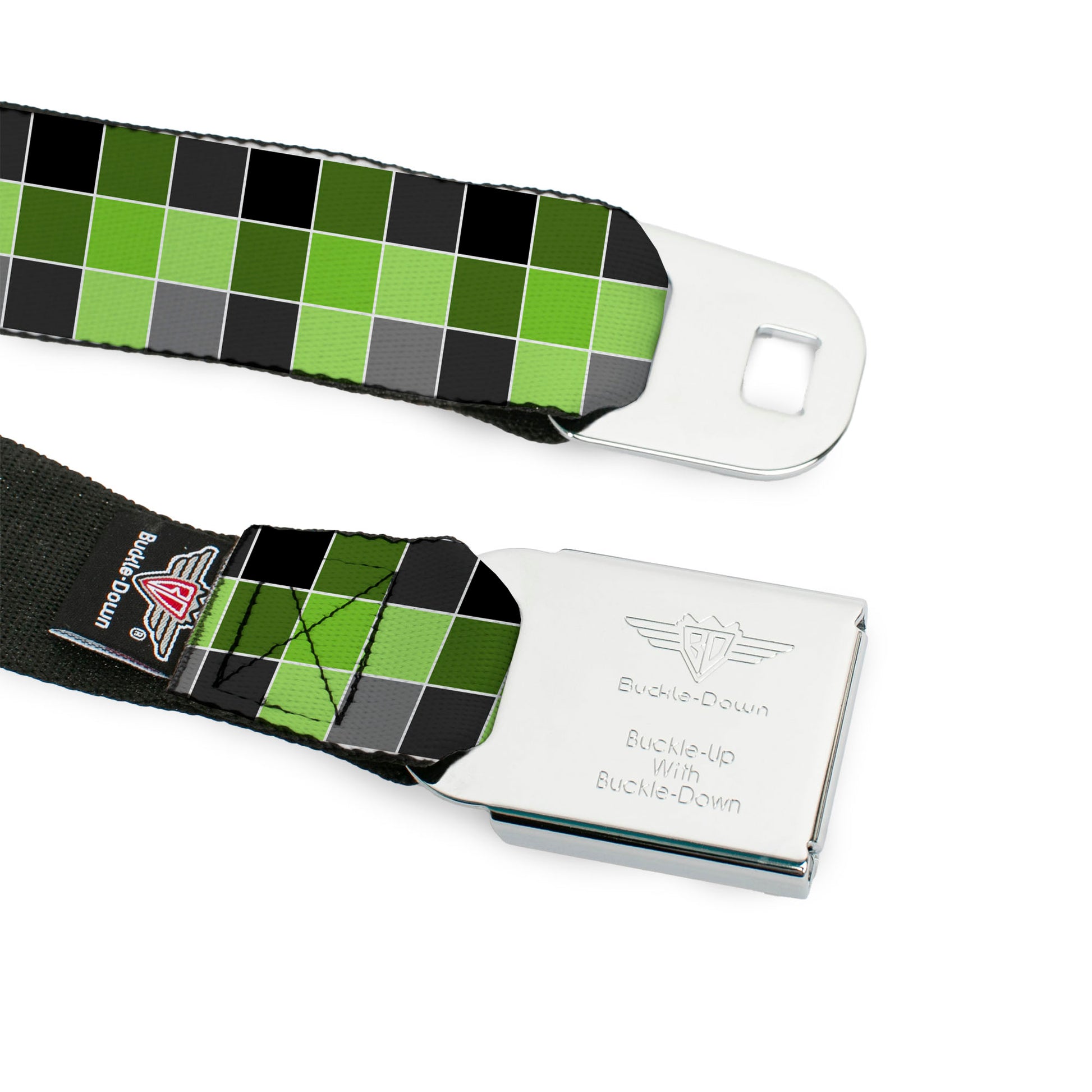 BD Wings Logo CLOSE-UP Full Color Black Silver Seatbelt Belt - Checker Mosaic Green Webbing Seatbelt Belts Buckle-Down