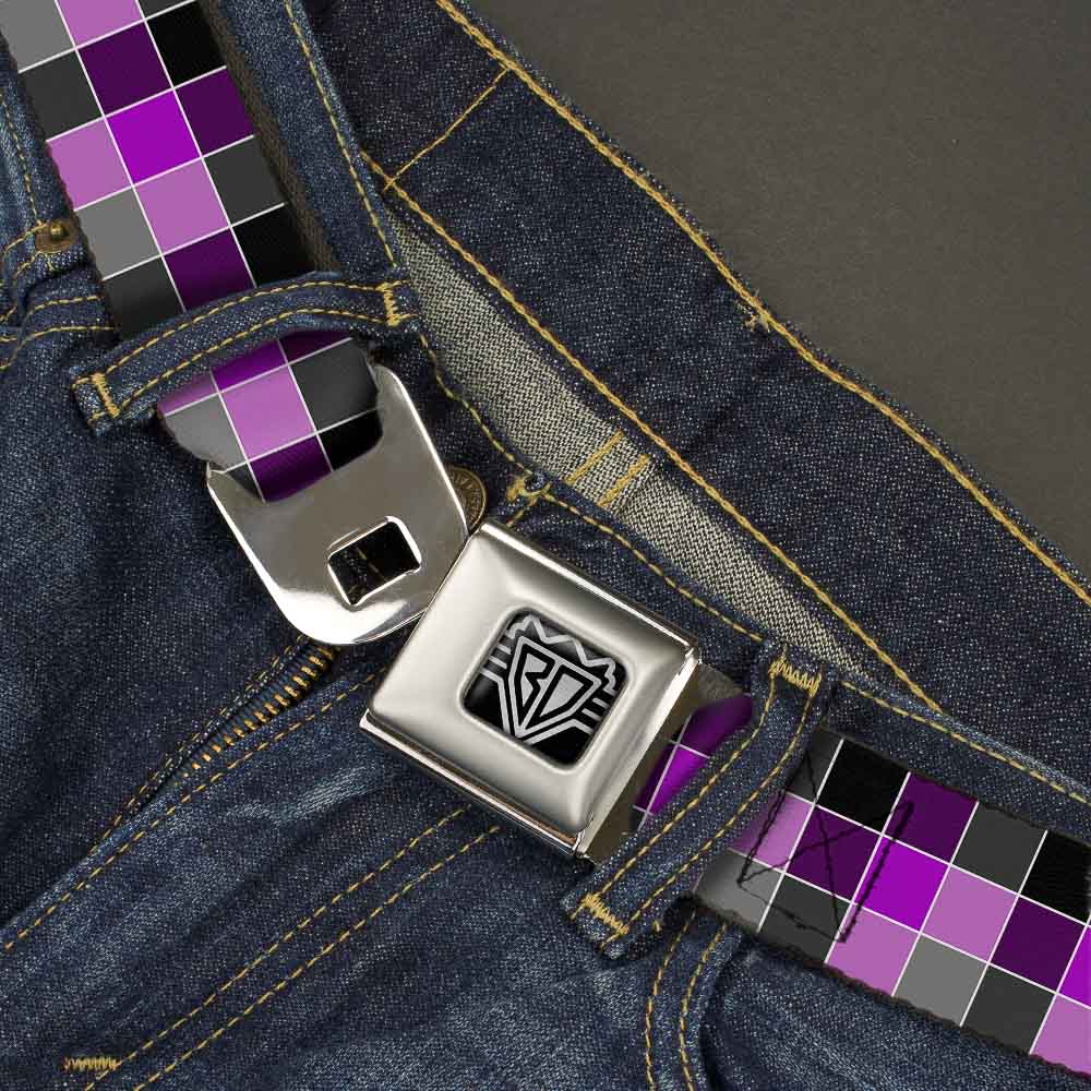 BD Wings Logo CLOSE-UP Full Color Black Silver Seatbelt Belt - Checker Mosaic Purple Webbing Seatbelt Belts Buckle-Down
