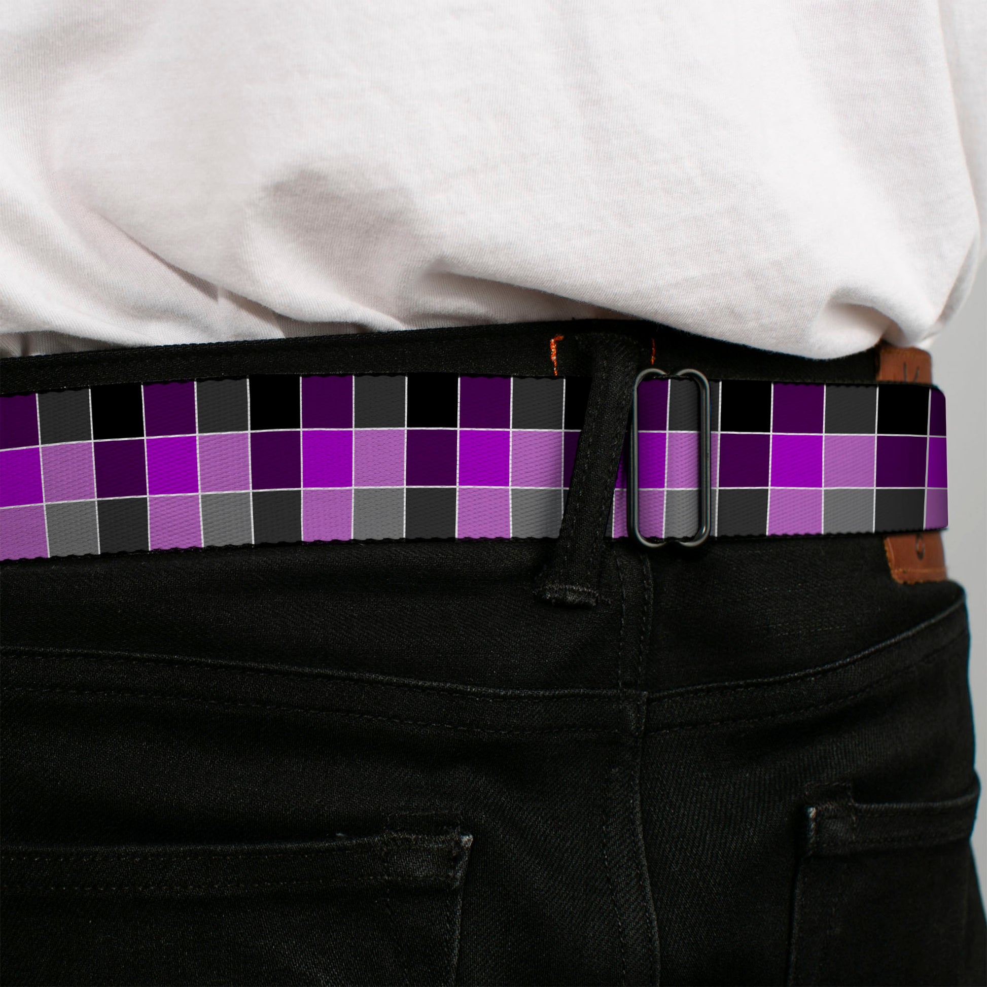 BD Wings Logo CLOSE-UP Full Color Black Silver Seatbelt Belt - Checker Mosaic Purple Webbing Seatbelt Belts Buckle-Down