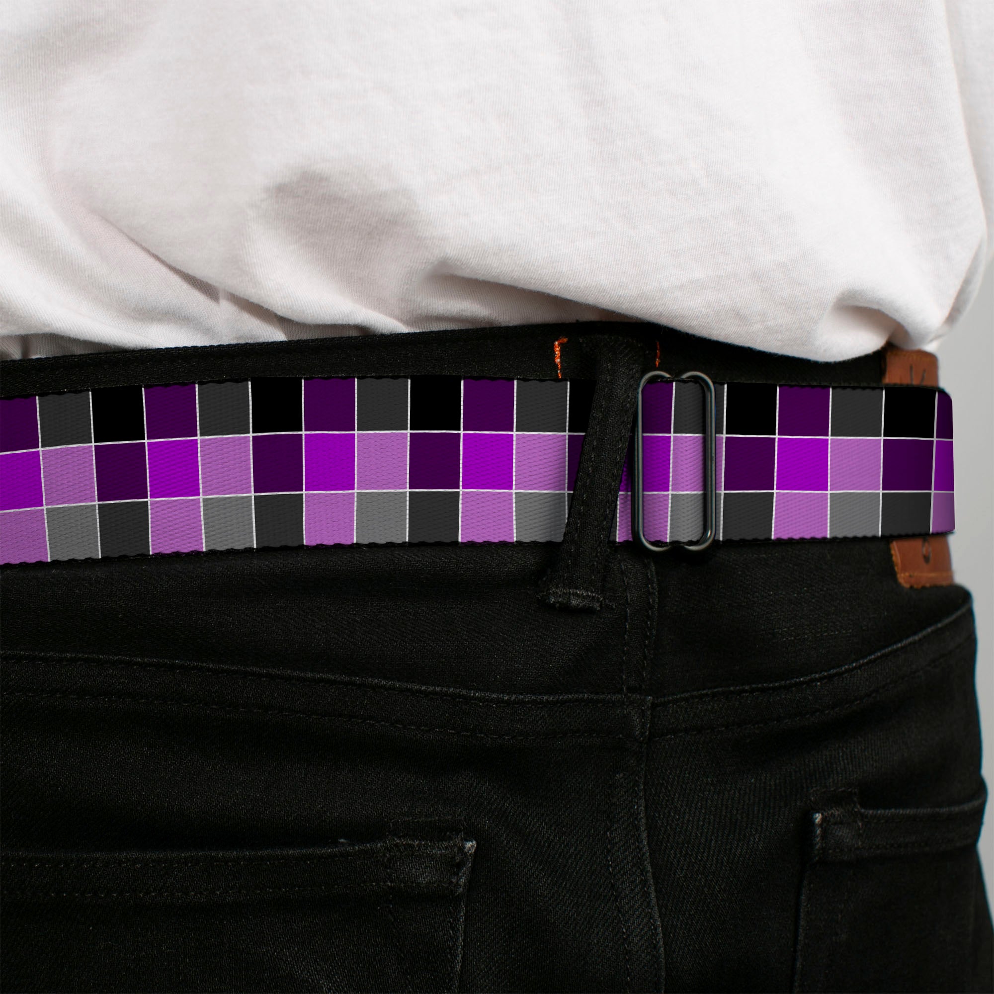 BD Wings Logo CLOSE-UP Full Color Black Silver Seatbelt Belt - Checker Mosaic Purple Webbing Seatbelt Belts Buckle-Down