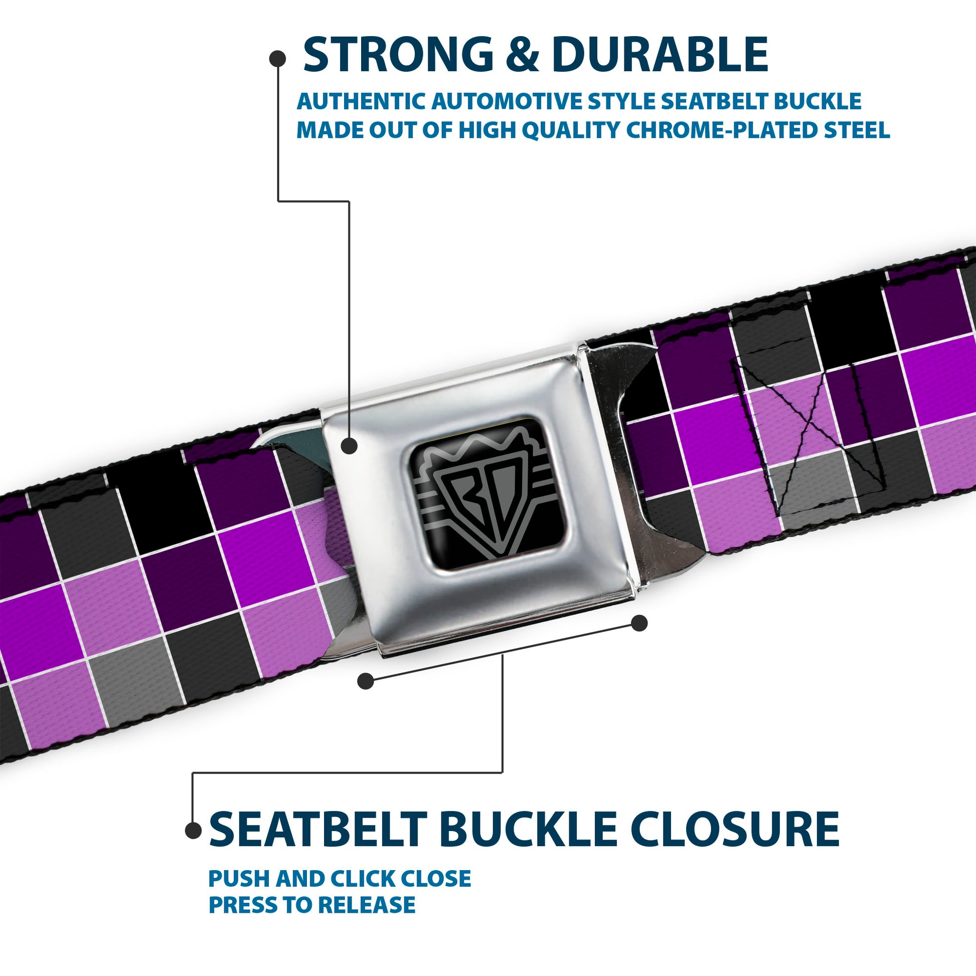 BD Wings Logo CLOSE-UP Full Color Black Silver Seatbelt Belt - Checker Mosaic Purple Webbing Seatbelt Belts Buckle-Down