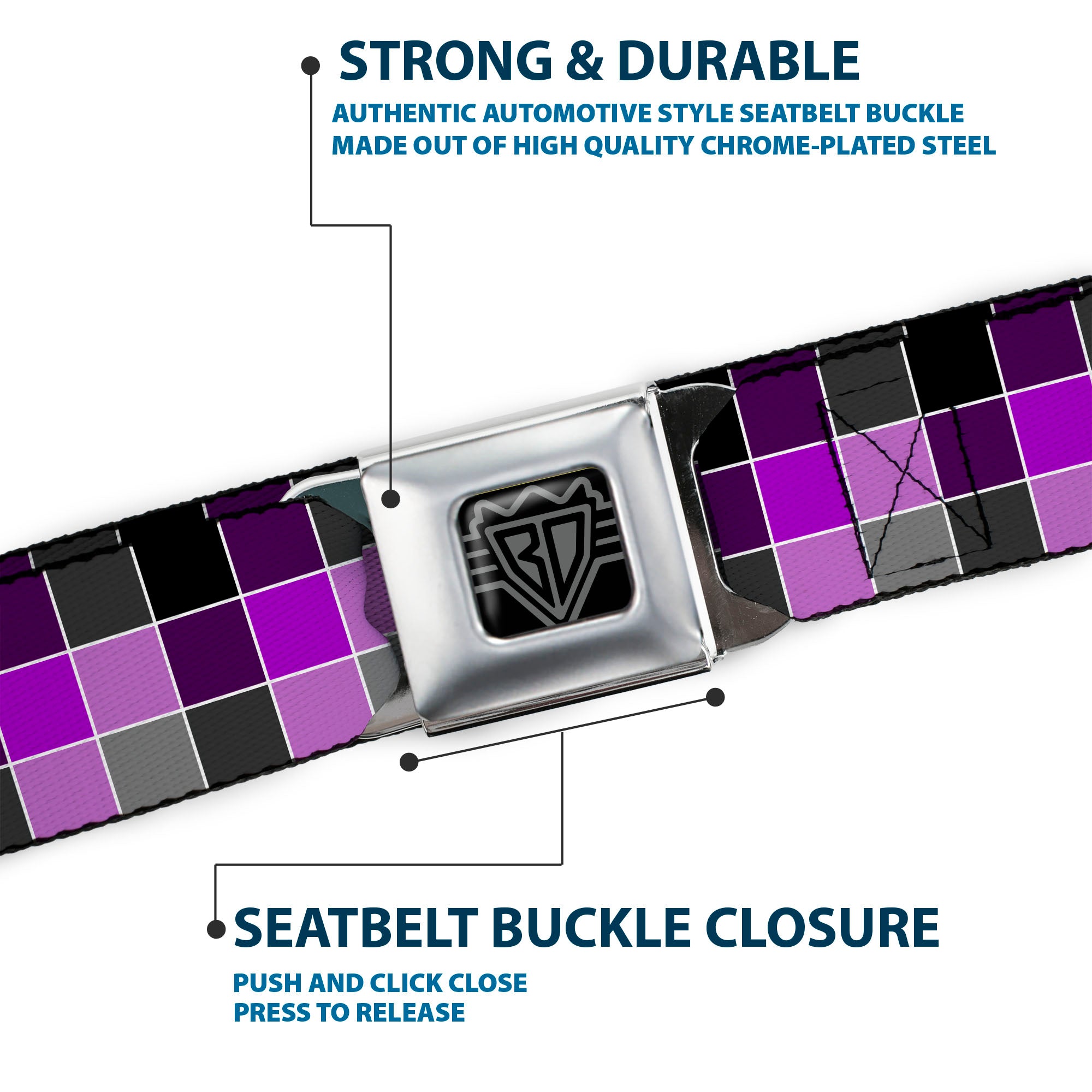 BD Wings Logo CLOSE-UP Full Color Black Silver Seatbelt Belt - Checker Mosaic Purple Webbing Seatbelt Belts Buckle-Down
