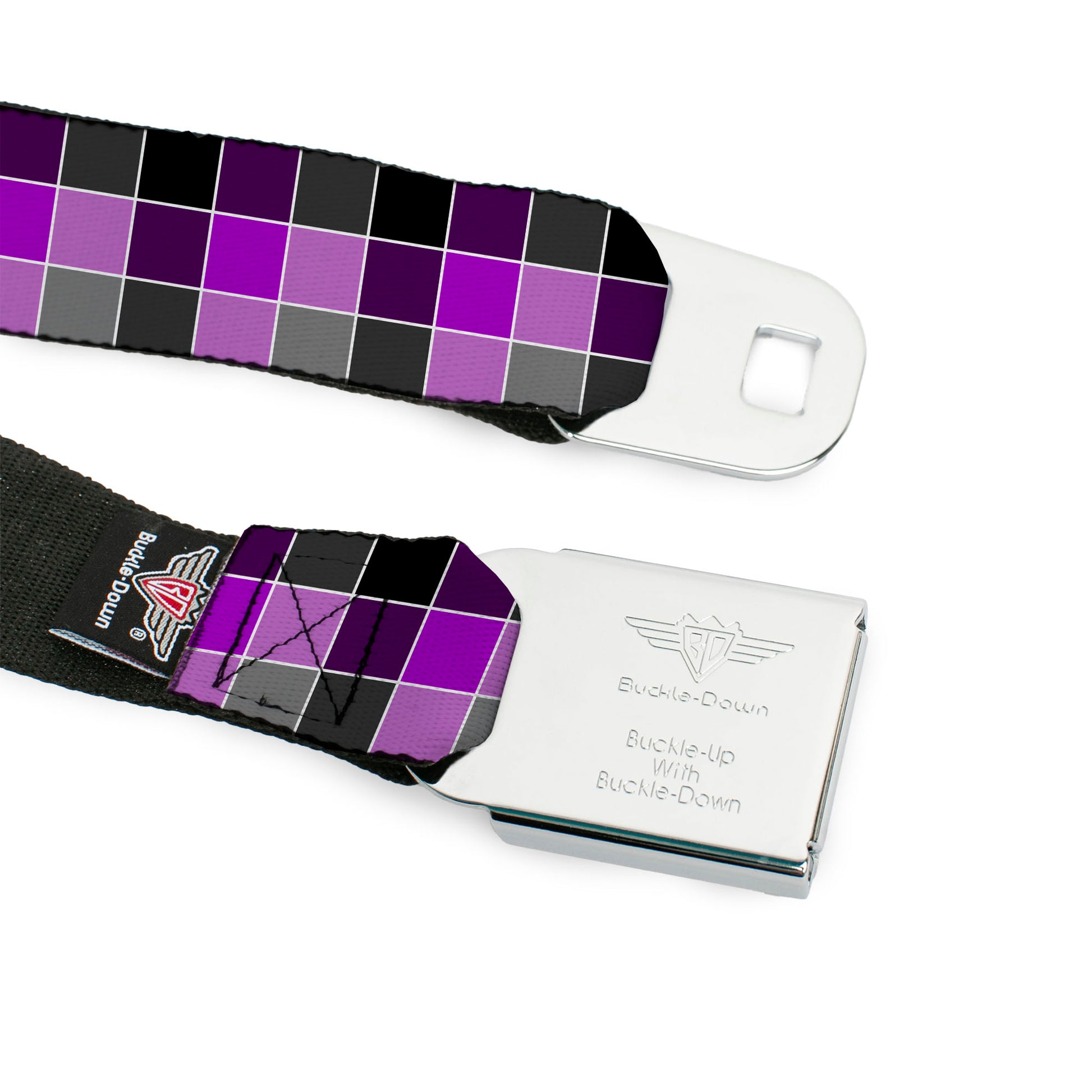 BD Wings Logo CLOSE-UP Full Color Black Silver Seatbelt Belt - Checker Mosaic Purple Webbing Seatbelt Belts Buckle-Down