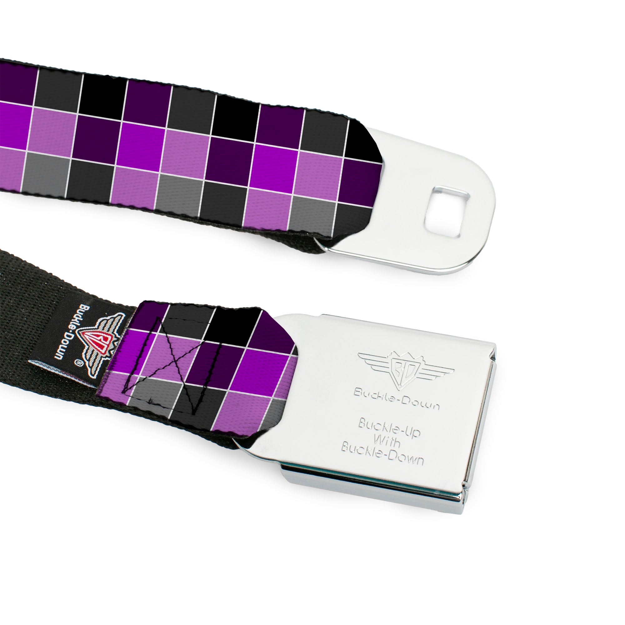 BD Wings Logo CLOSE-UP Full Color Black Silver Seatbelt Belt - Checker Mosaic Purple Webbing Seatbelt Belts Buckle-Down