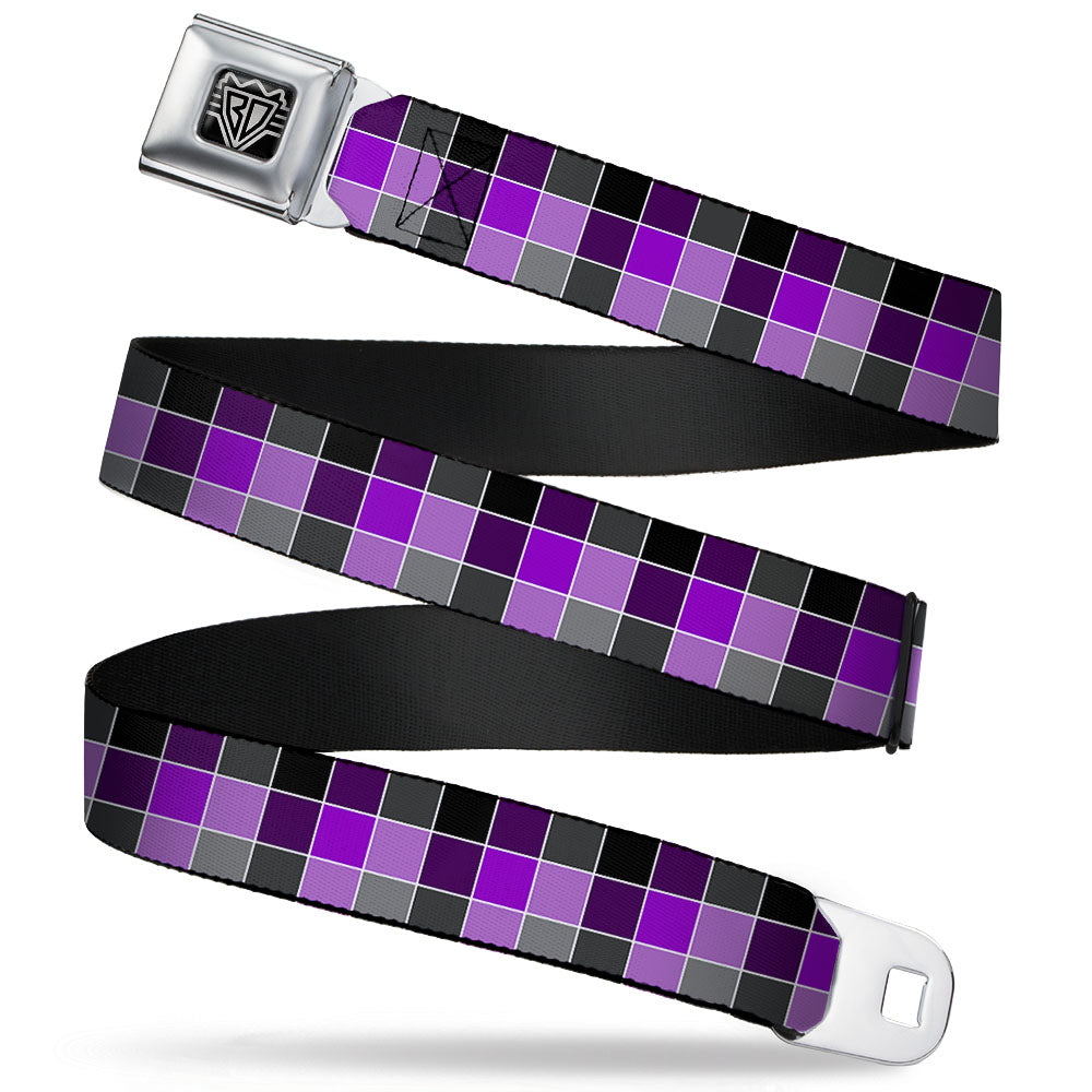 BD Wings Logo CLOSE-UP Full Color Black Silver Seatbelt Belt - Checker Mosaic Purple Webbing Seatbelt Belts Buckle-Down