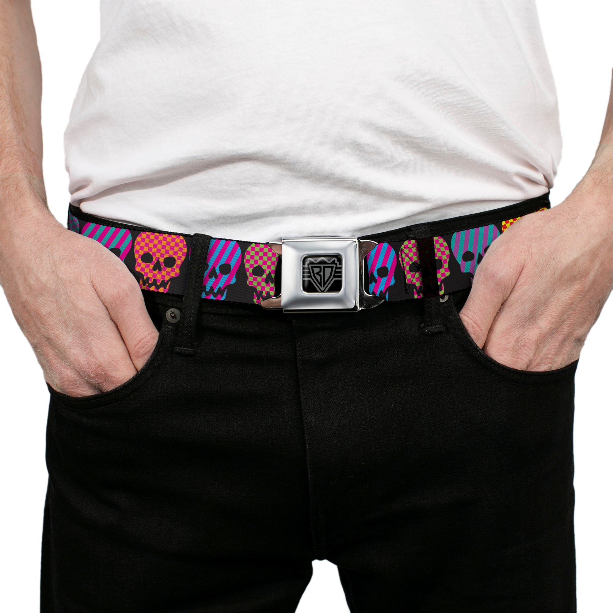 BD Wings Logo CLOSE-UP Full Color Black Silver Seatbelt Belt - Checker & Stripe Skulls Black/Multi Neon Webbing Seatbelt Belts Buckle-Down