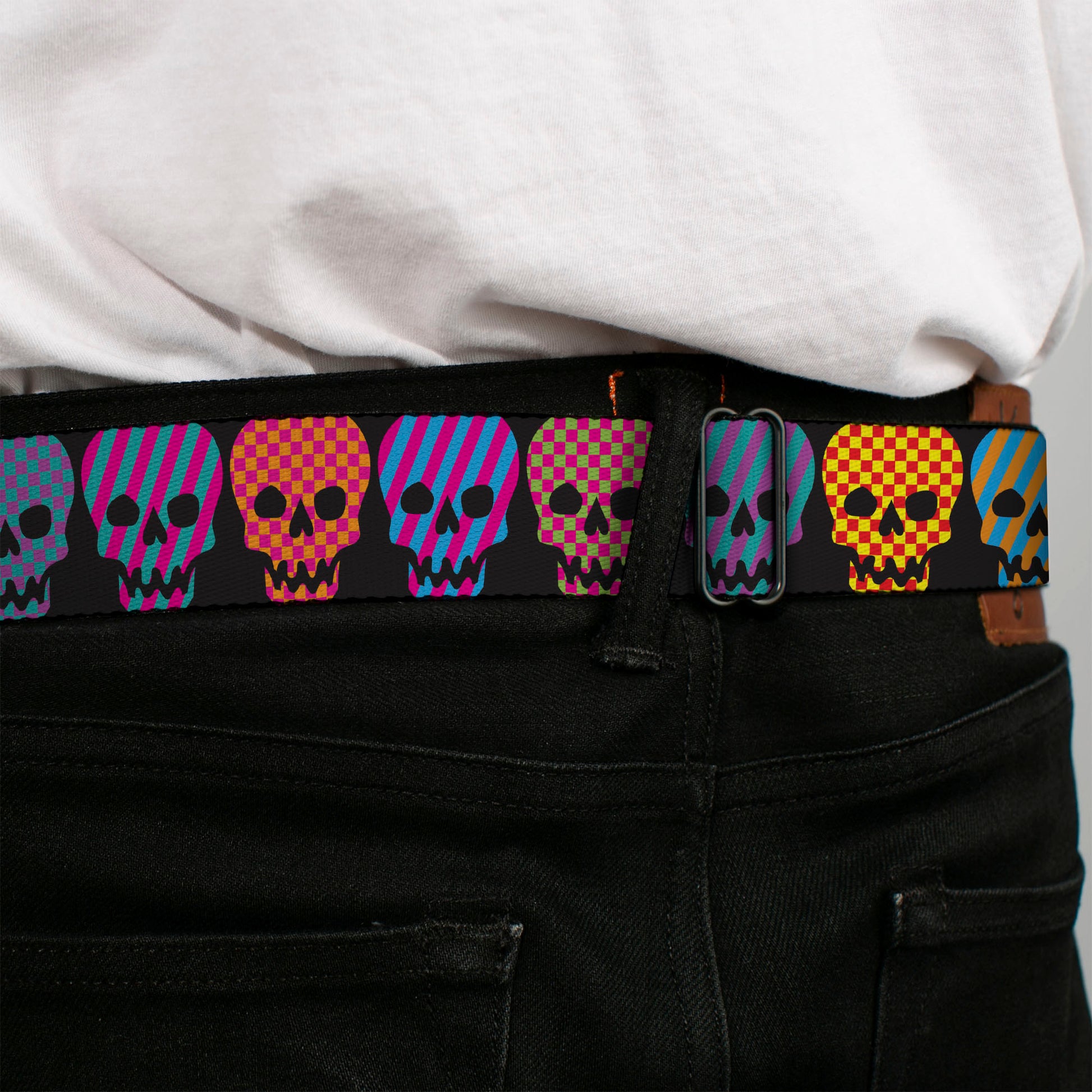 BD Wings Logo CLOSE-UP Full Color Black Silver Seatbelt Belt - Checker & Stripe Skulls Black/Multi Neon Webbing Seatbelt Belts Buckle-Down