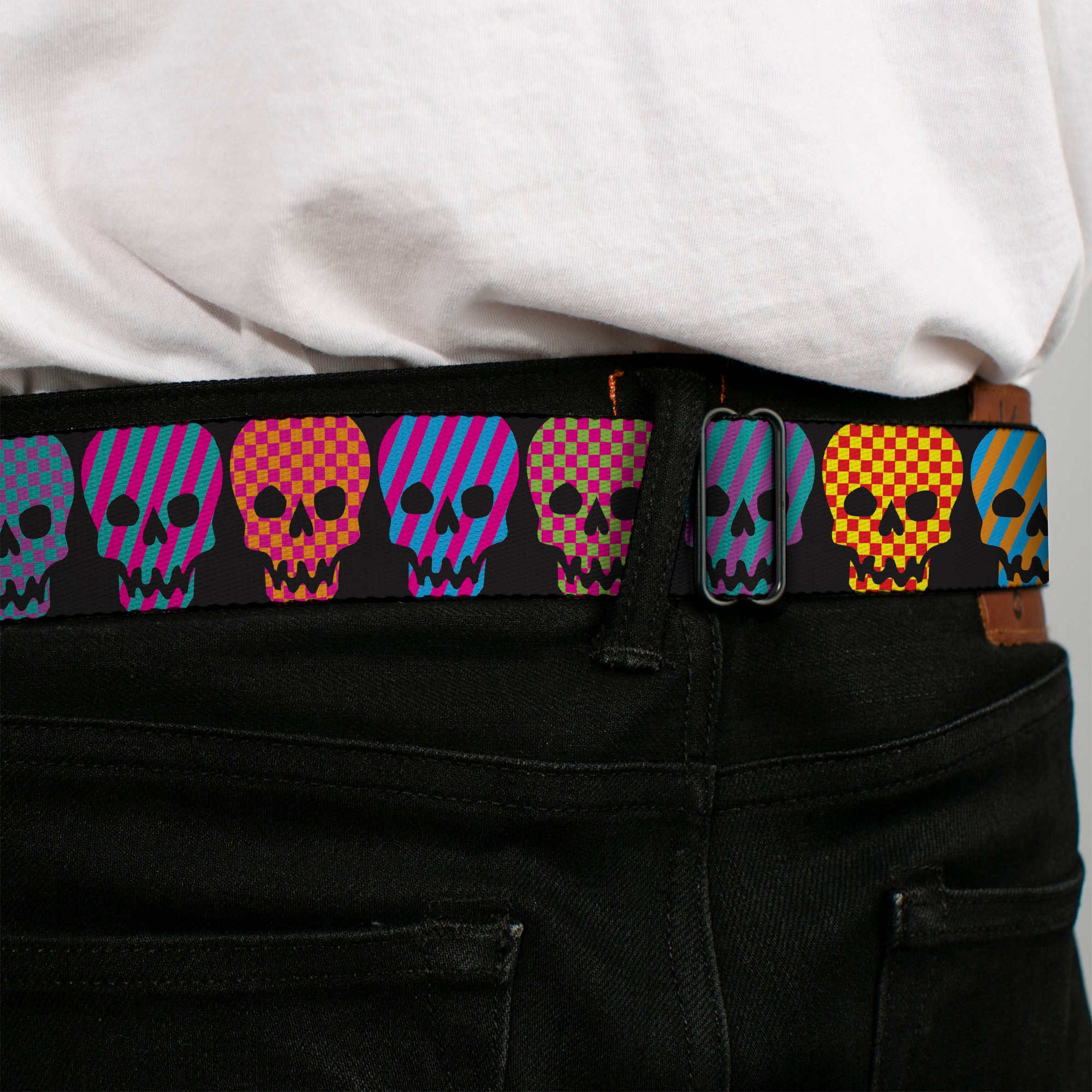 BD Wings Logo CLOSE-UP Full Color Black Silver Seatbelt Belt - Checker & Stripe Skulls Black/Multi Neon Webbing Seatbelt Belts Buckle-Down