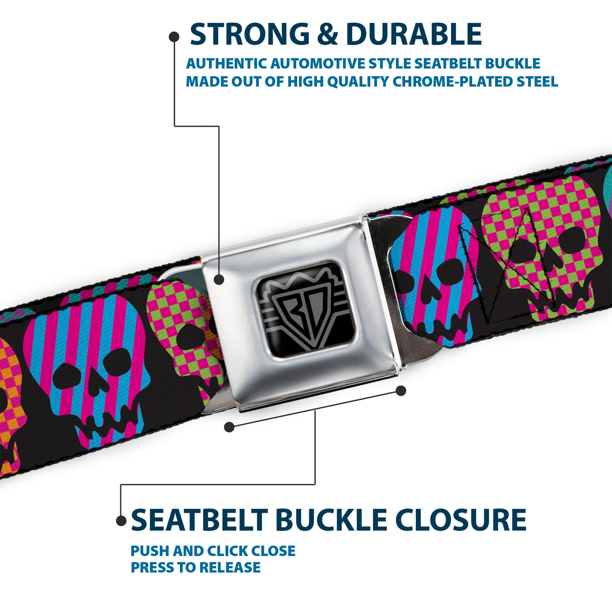 BD Wings Logo CLOSE-UP Full Color Black Silver Seatbelt Belt - Checker & Stripe Skulls Black/Multi Neon Webbing Seatbelt Belts Buckle-Down