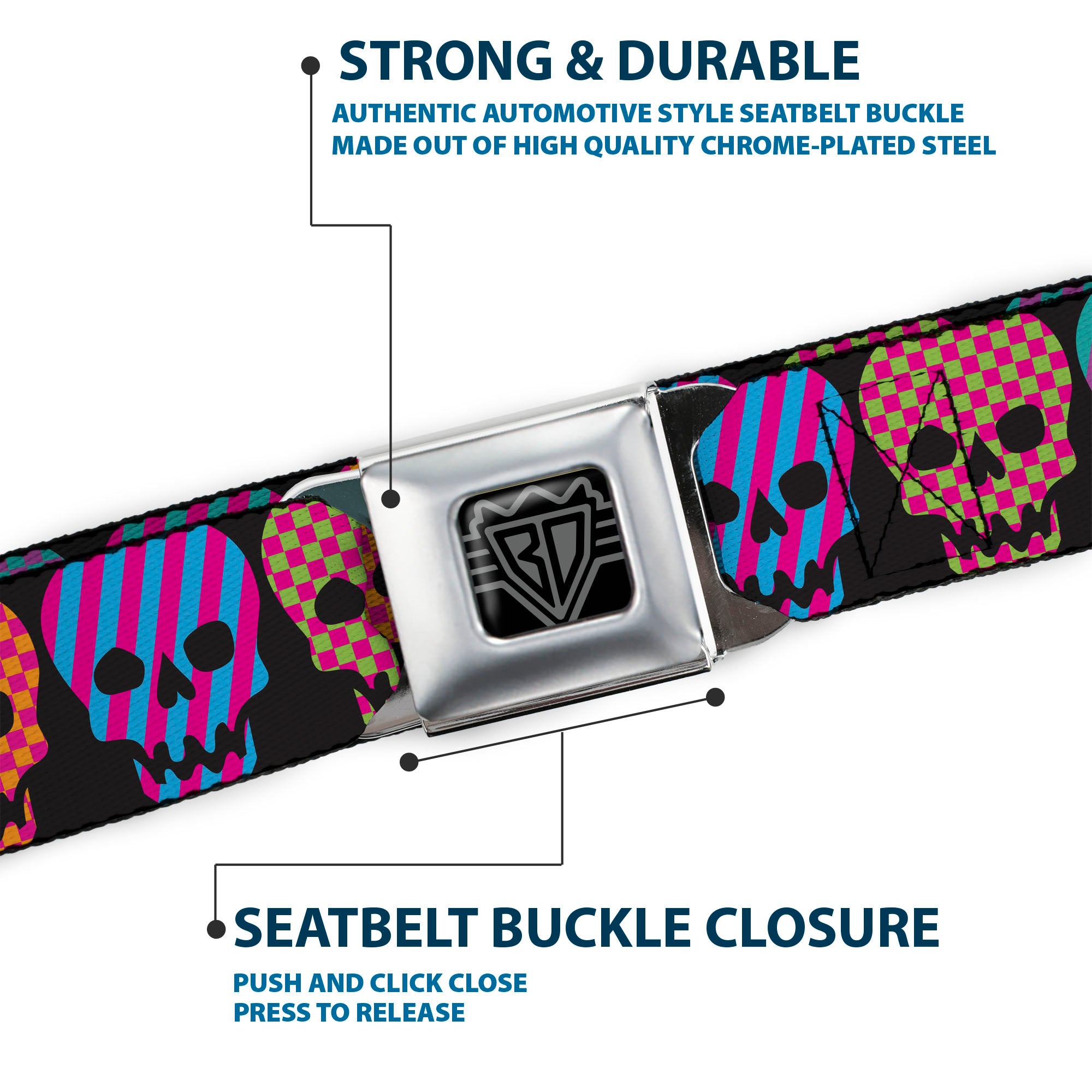 BD Wings Logo CLOSE-UP Full Color Black Silver Seatbelt Belt - Checker & Stripe Skulls Black/Multi Neon Webbing Seatbelt Belts Buckle-Down