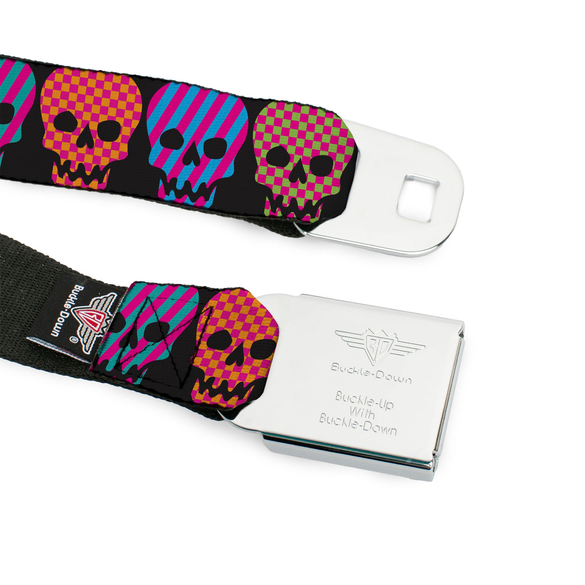 BD Wings Logo CLOSE-UP Full Color Black Silver Seatbelt Belt - Checker & Stripe Skulls Black/Multi Neon Webbing Seatbelt Belts Buckle-Down
