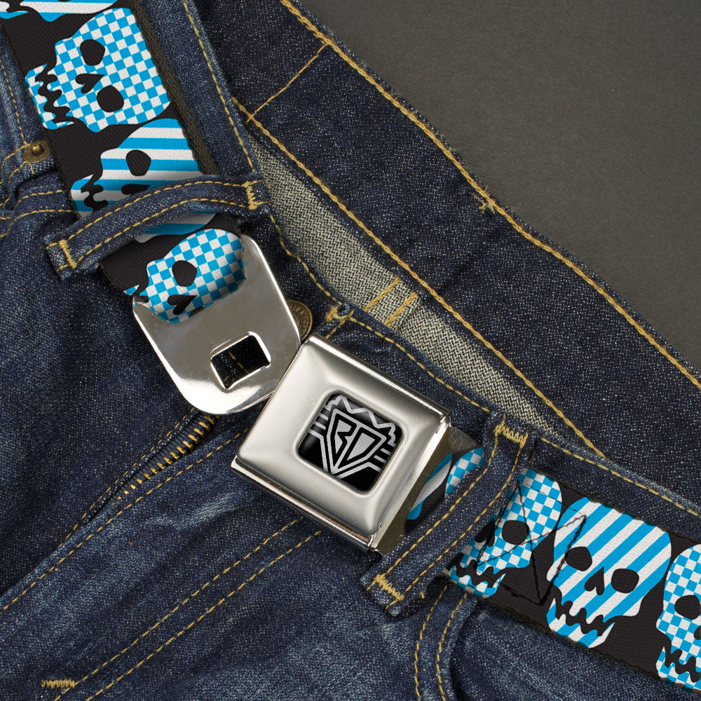 BD Wings Logo CLOSE-UP Full Color Black Silver Seatbelt Belt - Checker & Stripe Skulls Black/White/Baby Blue Webbing Seatbelt Belts Buckle-Down