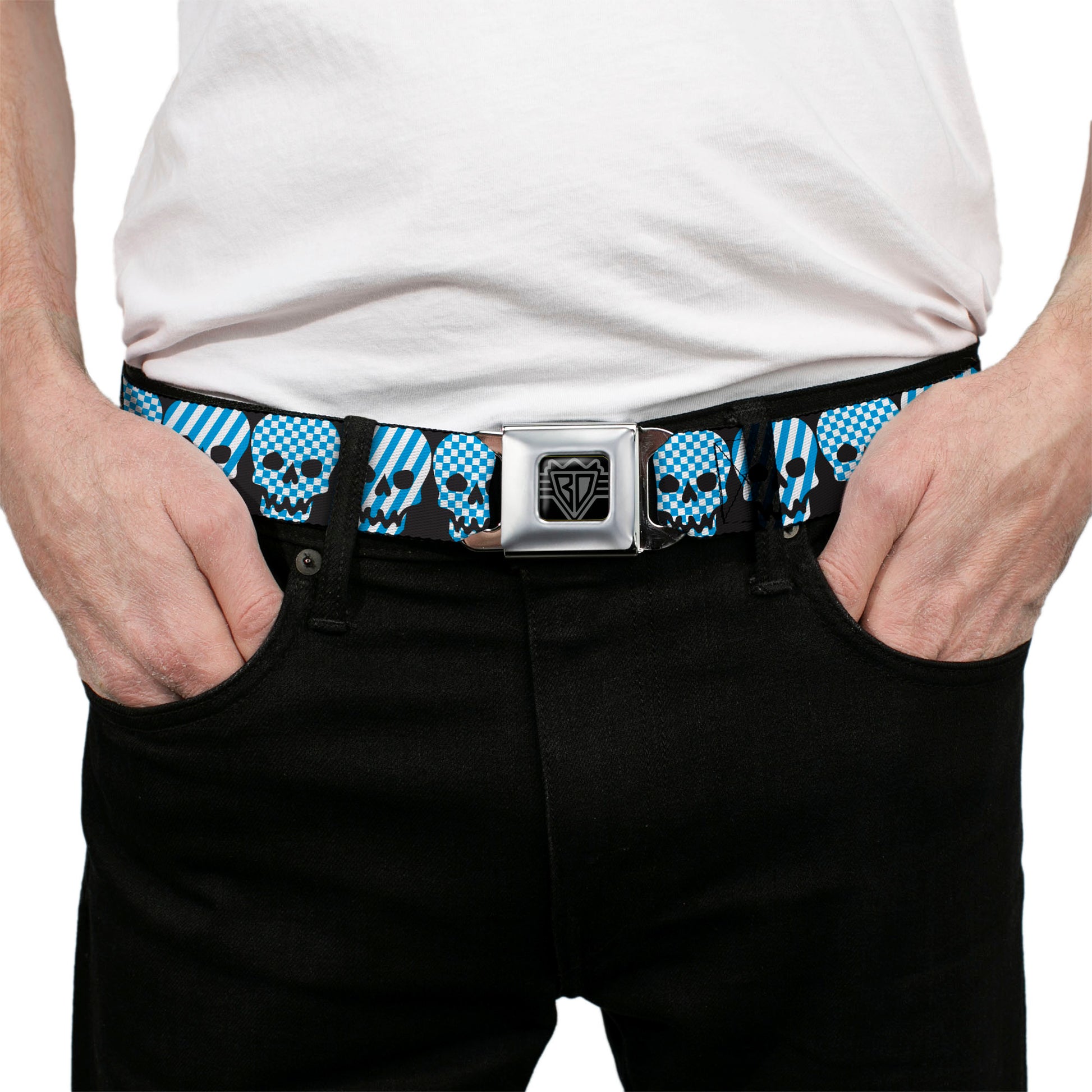 BD Wings Logo CLOSE-UP Full Color Black Silver Seatbelt Belt - Checker & Stripe Skulls Black/White/Baby Blue Webbing Seatbelt Belts Buckle-Down