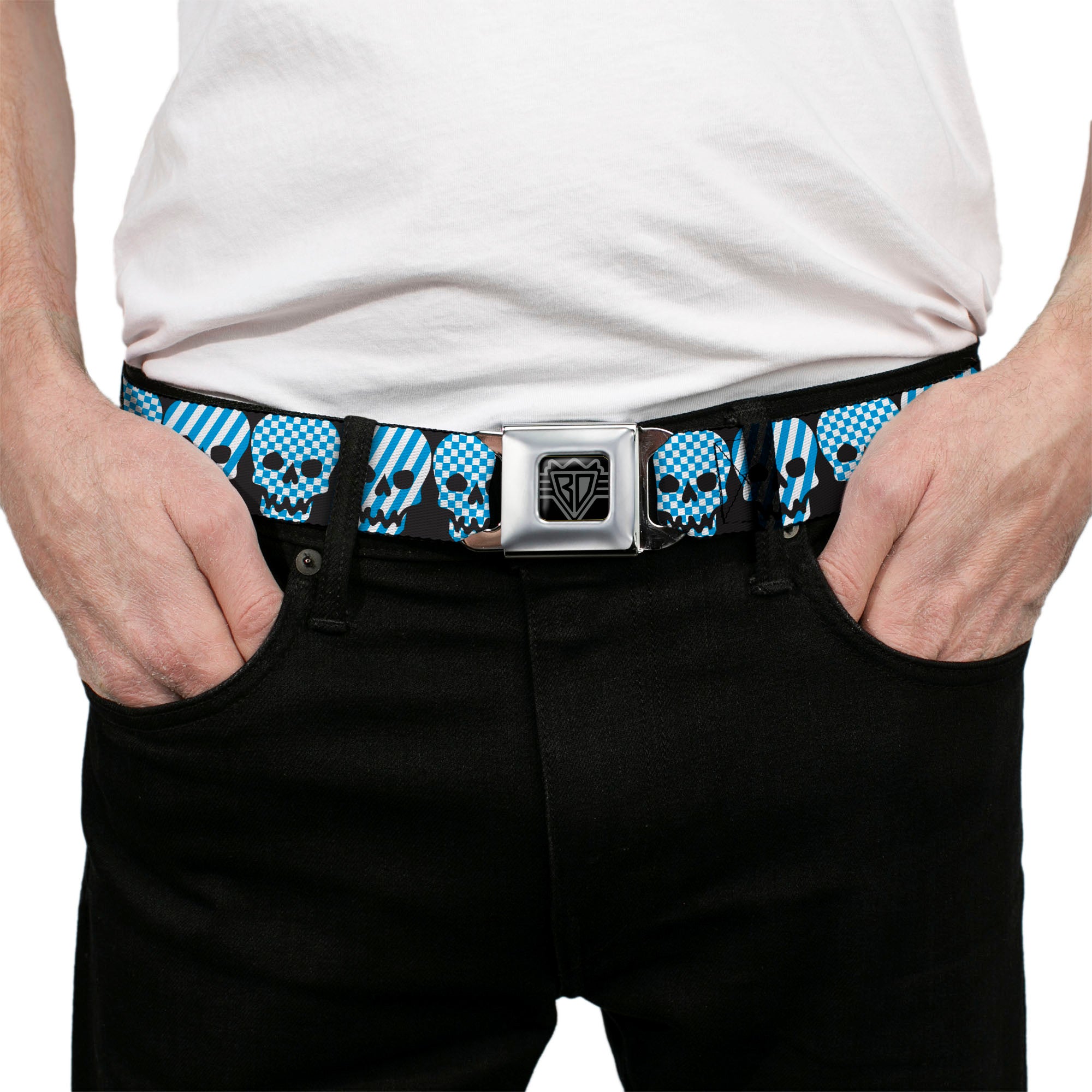 BD Wings Logo CLOSE-UP Full Color Black Silver Seatbelt Belt - Checker & Stripe Skulls Black/White/Baby Blue Webbing Seatbelt Belts Buckle-Down