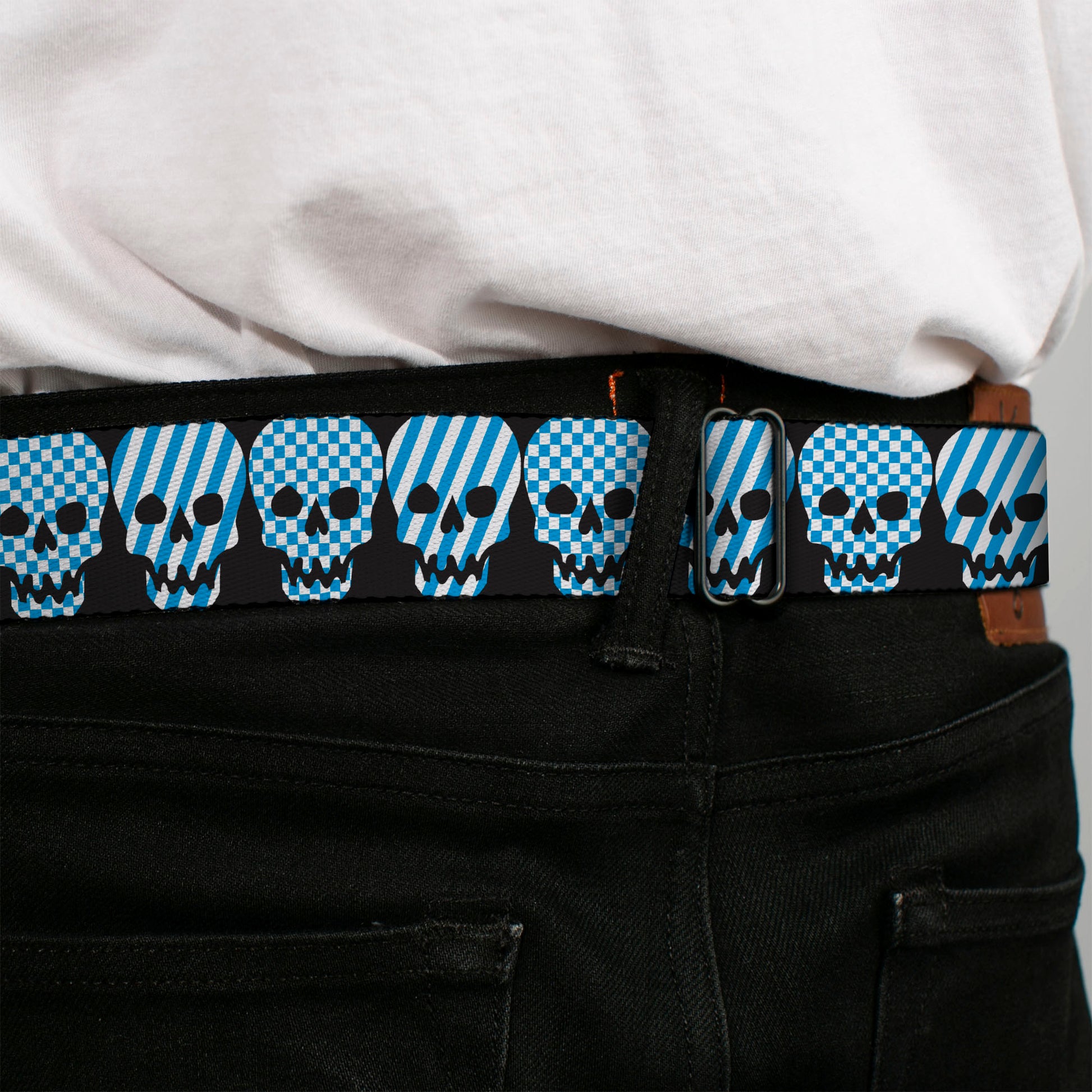 BD Wings Logo CLOSE-UP Full Color Black Silver Seatbelt Belt - Checker & Stripe Skulls Black/White/Baby Blue Webbing Seatbelt Belts Buckle-Down