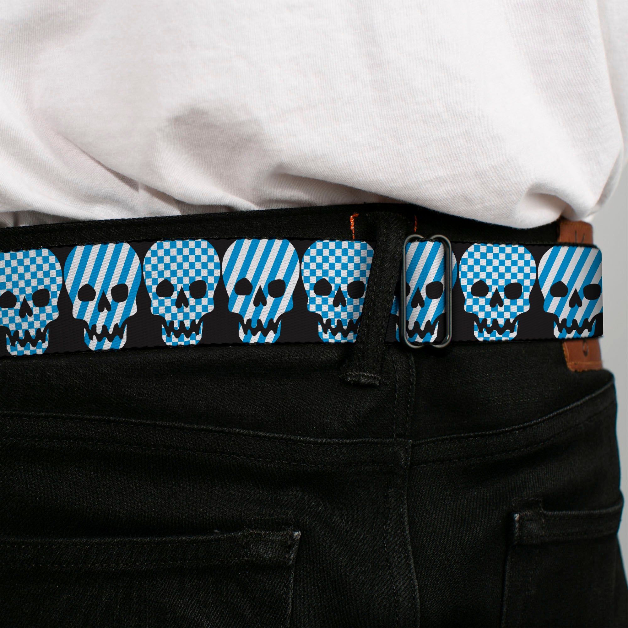 BD Wings Logo CLOSE-UP Full Color Black Silver Seatbelt Belt - Checker & Stripe Skulls Black/White/Baby Blue Webbing Seatbelt Belts Buckle-Down