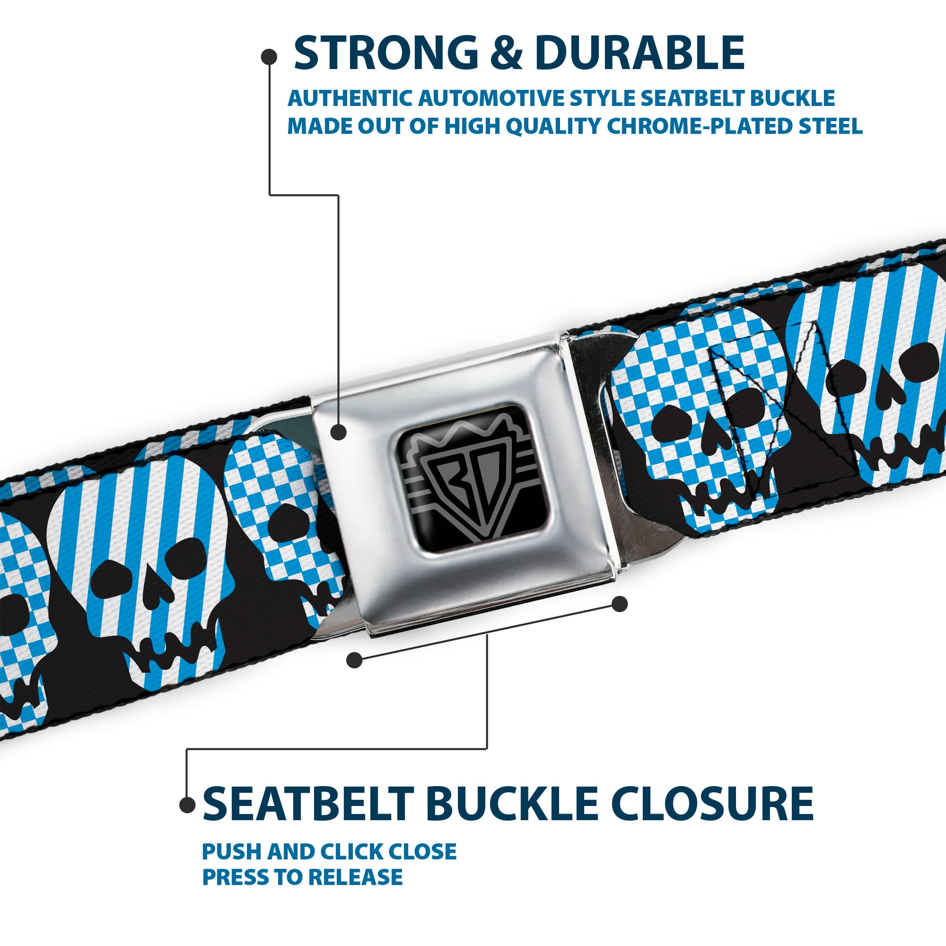 BD Wings Logo CLOSE-UP Full Color Black Silver Seatbelt Belt - Checker & Stripe Skulls Black/White/Baby Blue Webbing Seatbelt Belts Buckle-Down